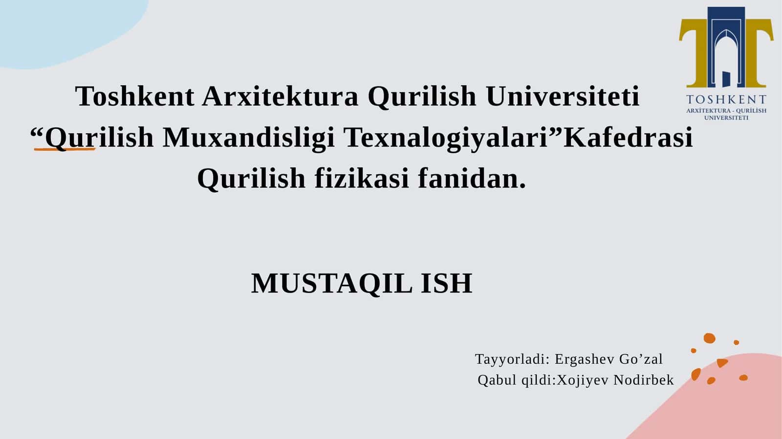 BIR QAVATLI YOPIQ INSHOATLARNI TERMAL QARSHILIGINI ANIQLASH