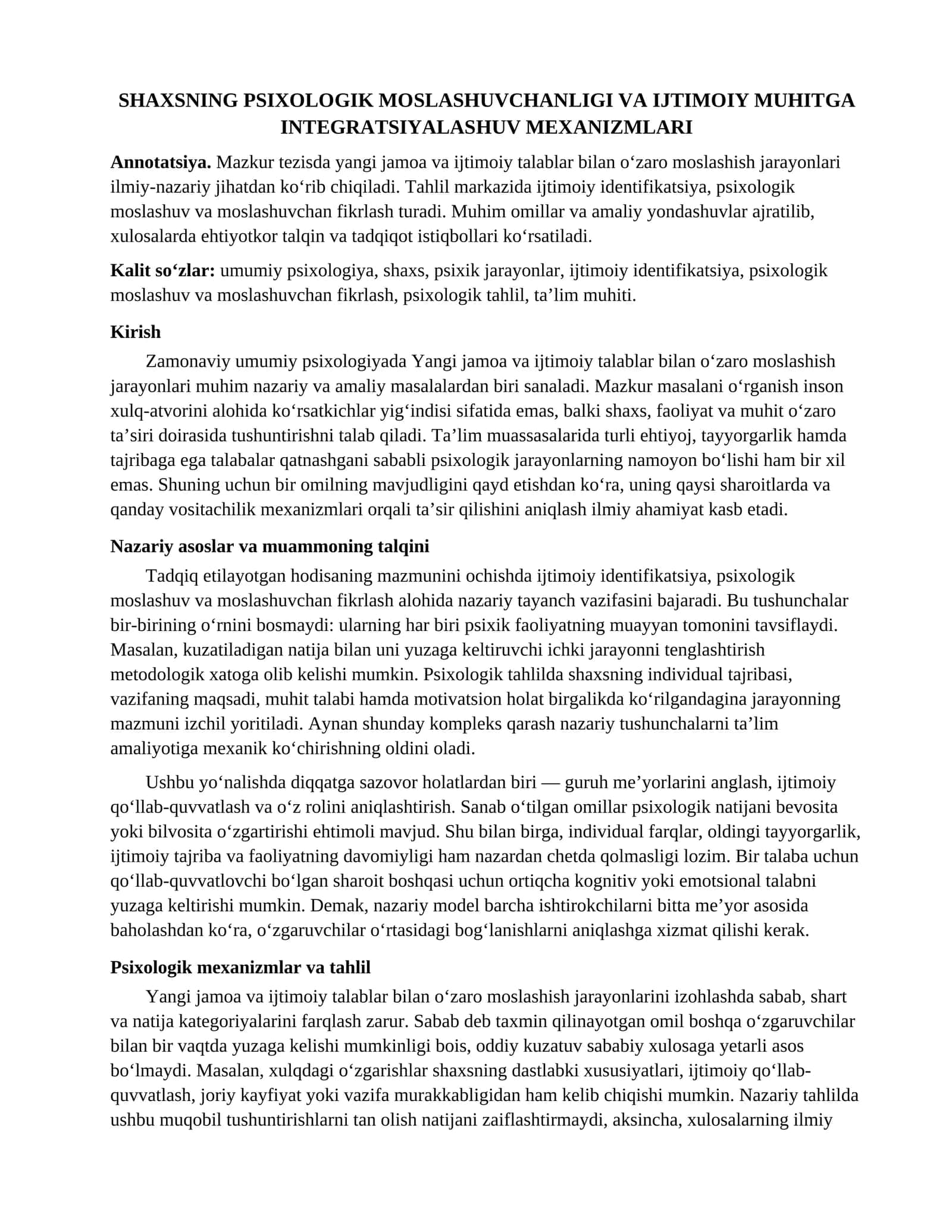 SHAXSNING PSIXOLOGIK MOSLASHUVCHANLIGI VA IJTIMOIY MUHITGA INTEGRATSIYALASHUV MEXANIZMLARI