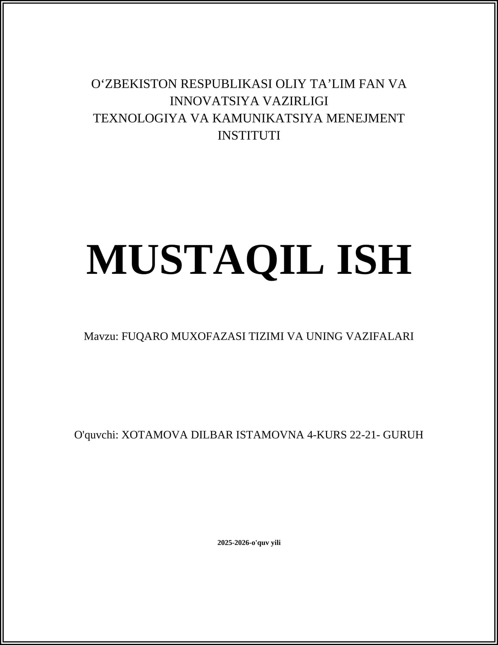 FUQARO MUXOFAZASI TIZIMI VA UNING VAZIFALARI