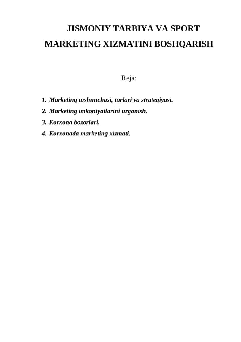 JISMONIY TARBIYA VA SPORT MARKETING XIZMATINI BOSHQARISH