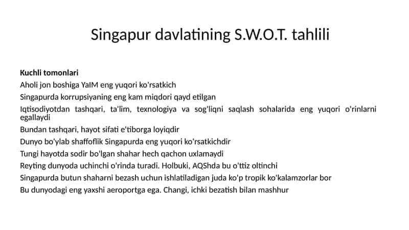 Singapur davlatining S.W.O.T. tahlili