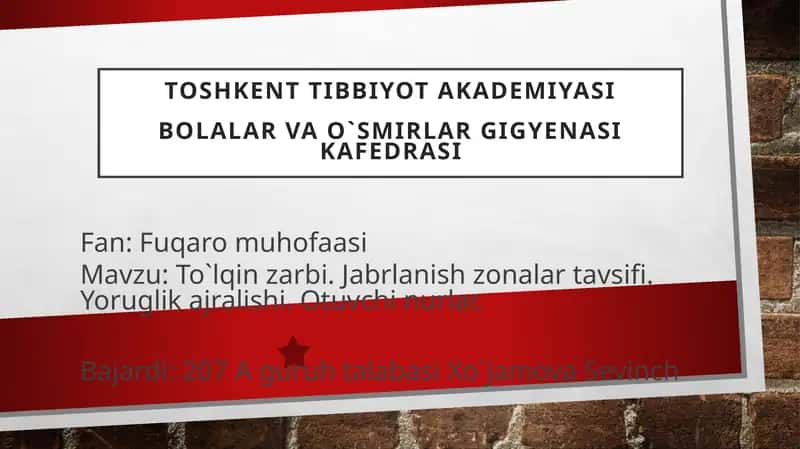 To`lqin zarbi. Jabrlanish zonalar tavsifi. Yoruglik ajralishi. Otuvchi nurlar