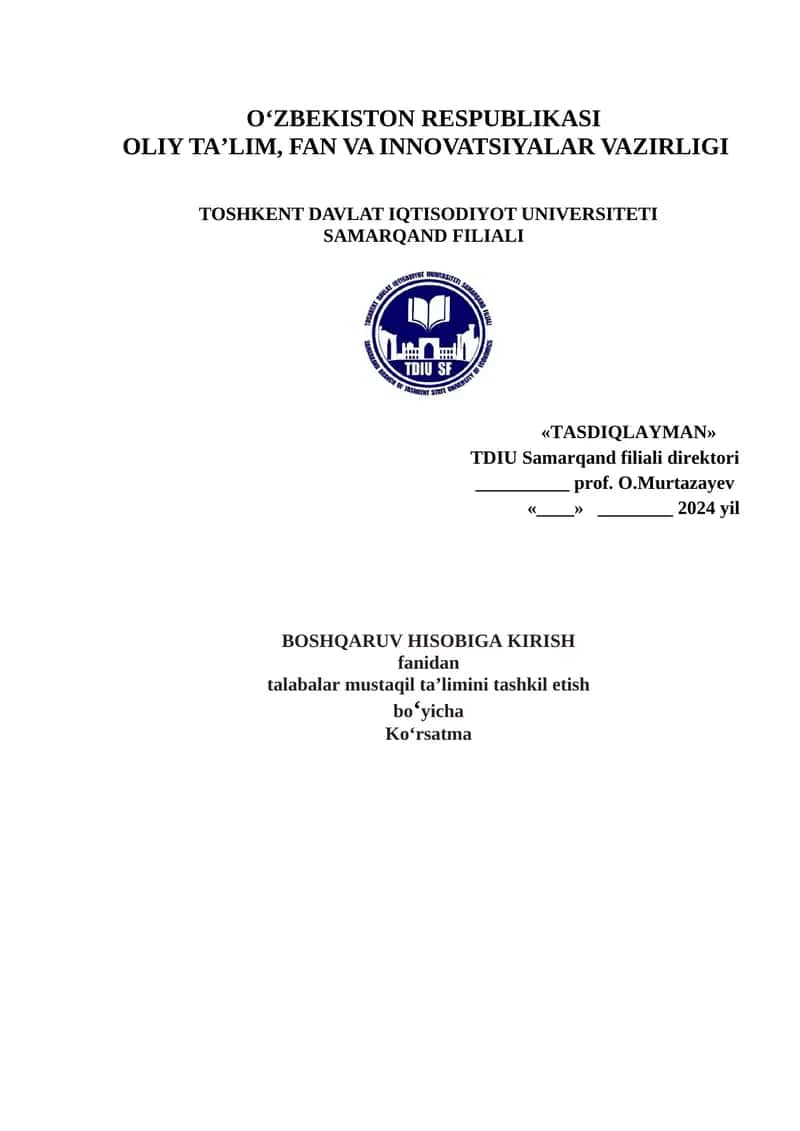 Toshkent Davlat Iqtisodiyot Universiteti Samarqand Filiali "Tasdiqlayman"