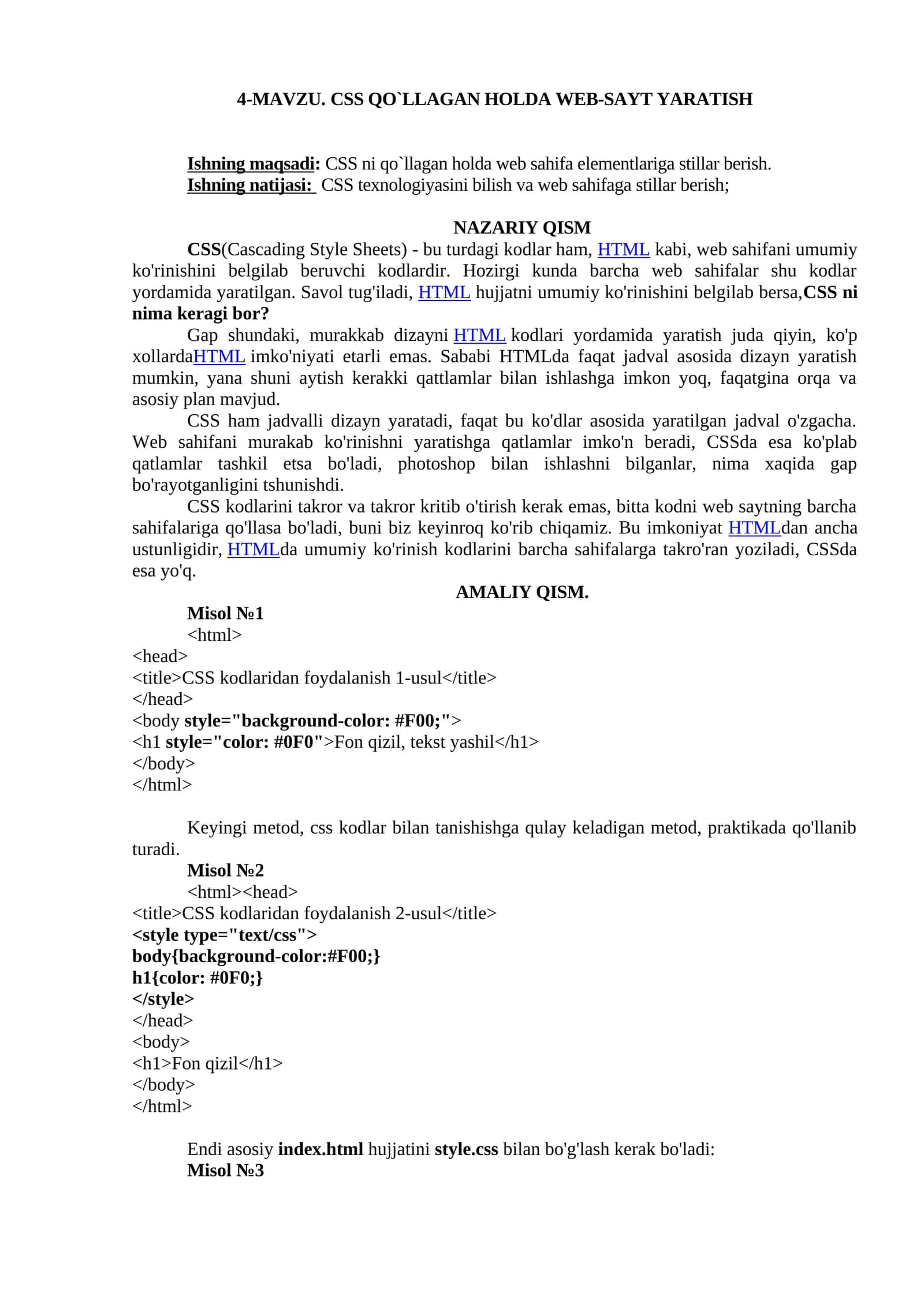 CSS QO`LLAGAN HOLDA WEB-SAYT YARATISH