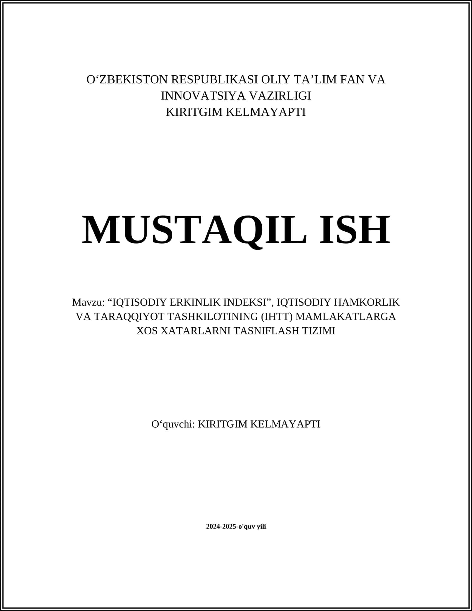 IQTISODIY ERKINLIK INDEKSI