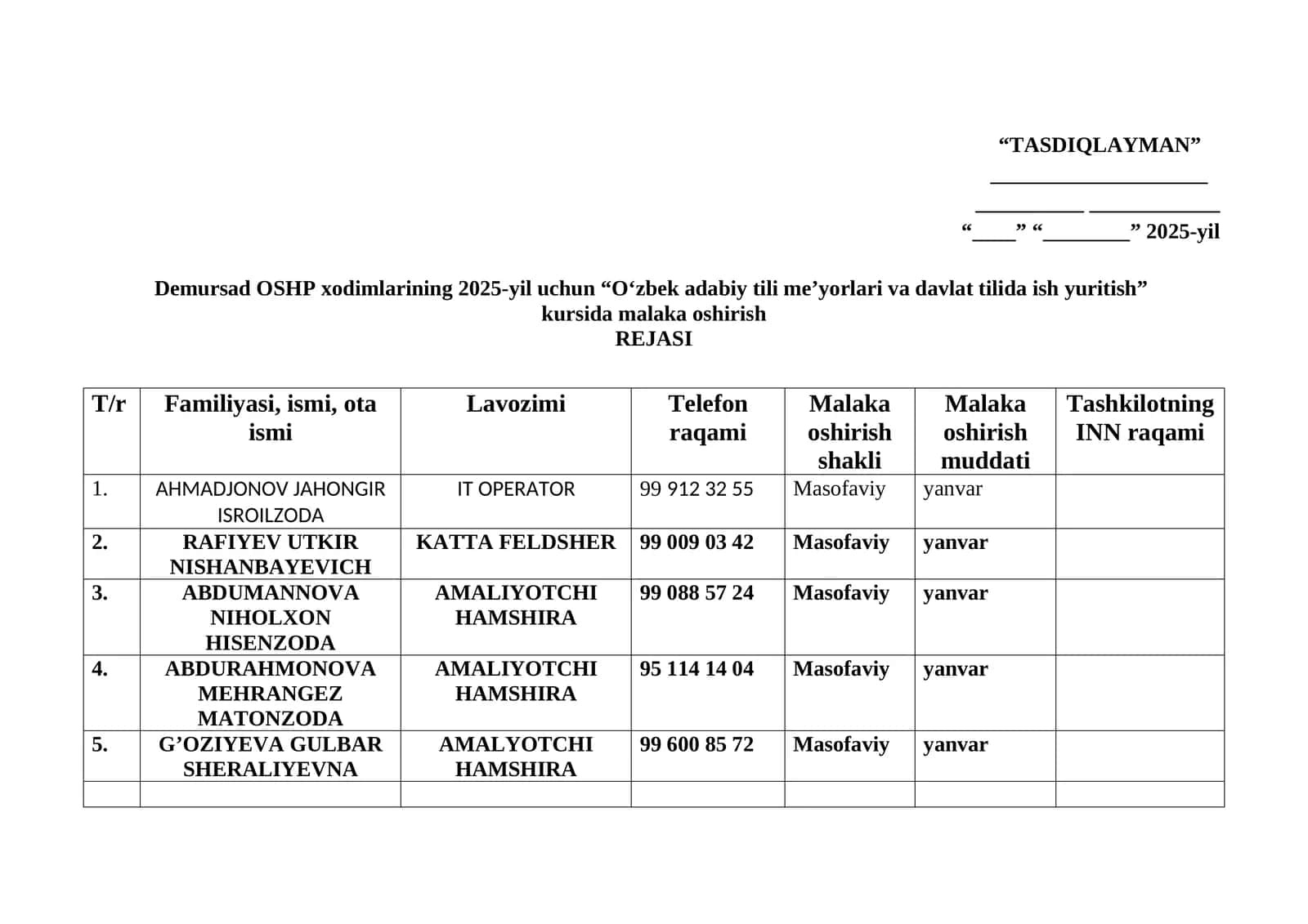 Demursad OSHP xodimlarining "O‘zbek adabiy tili me’yorlari va davlat tilida ish yuritish" kursi