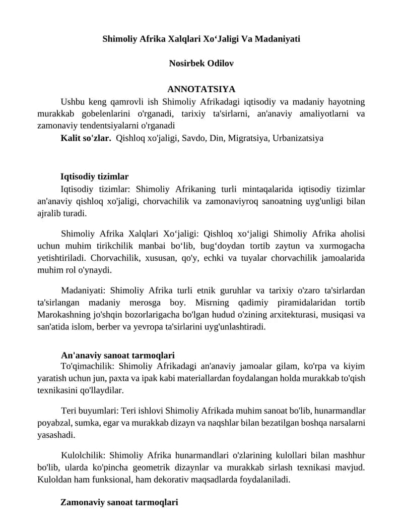 Shimoliy Afrika Xalqlari XoʻJaligi Va Madaniyati