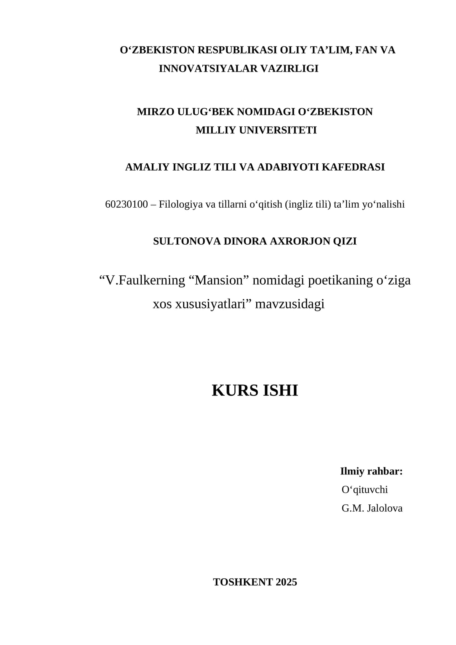 V.Faulkerning “Mansion” nomidagi poetikaning oʻziga xos xususiyatlari