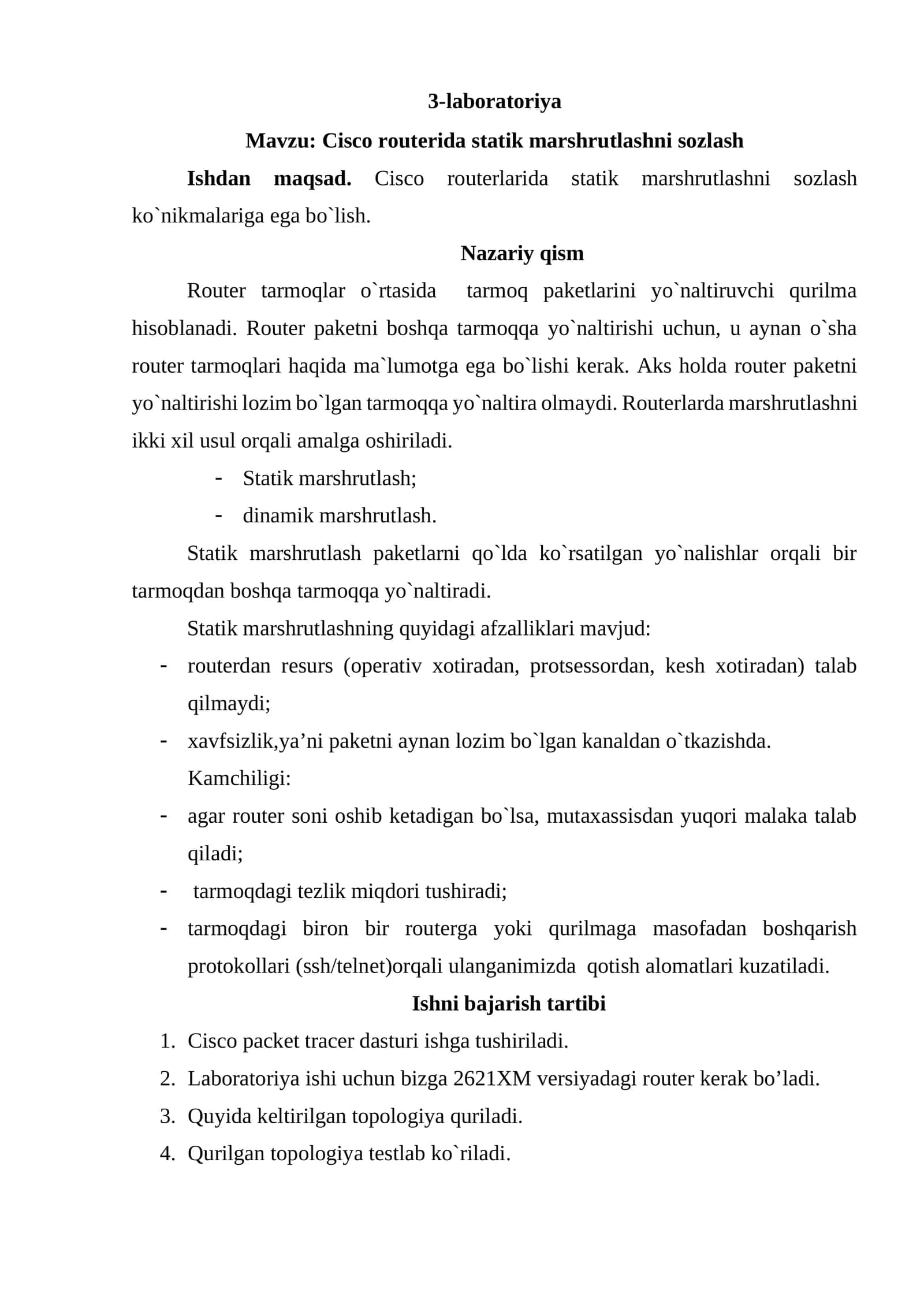 Cisco routerida statik marshrutlashni sozlash