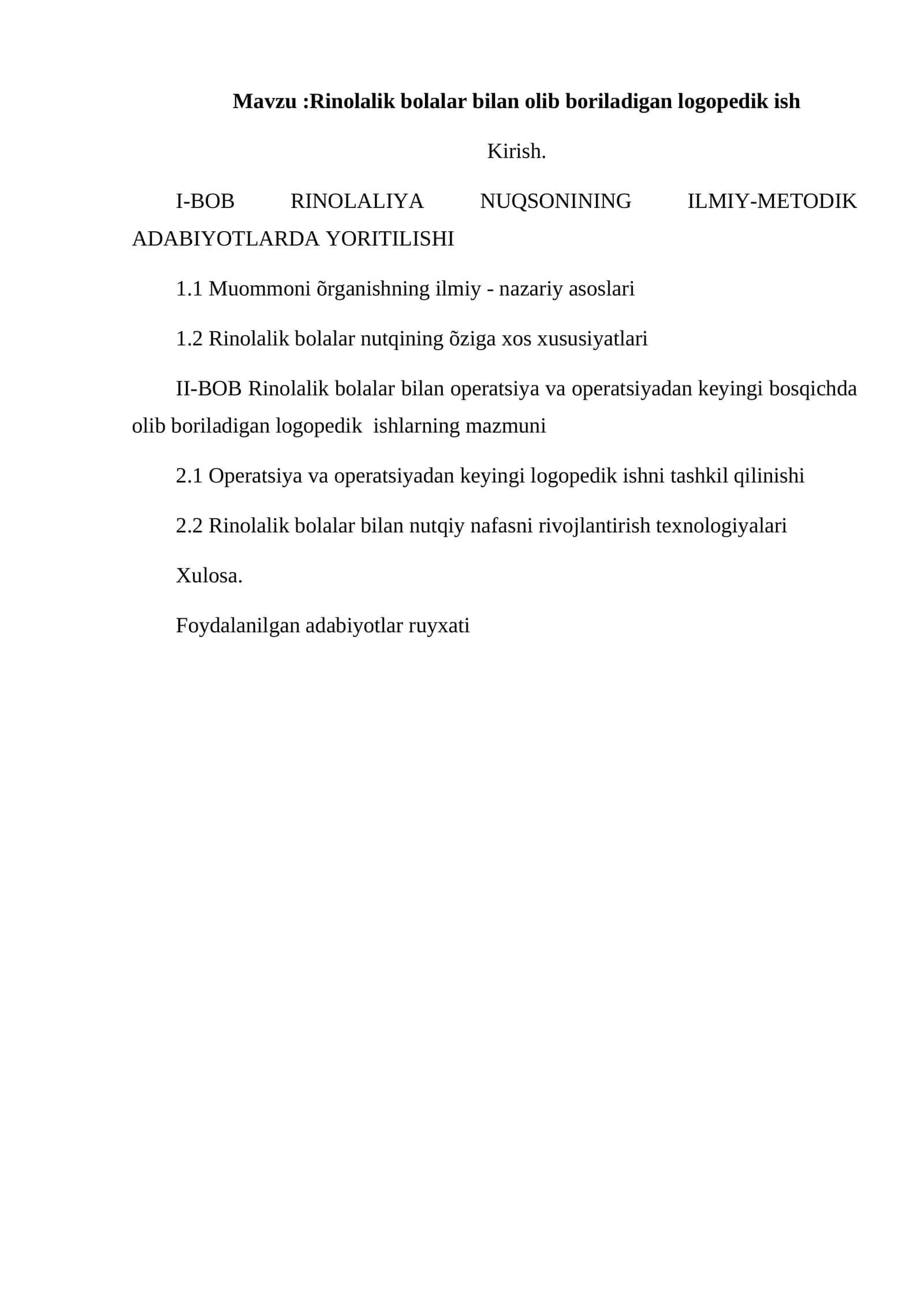 Rinolalik bolalar bilan olib boriladigan logopedik ish
