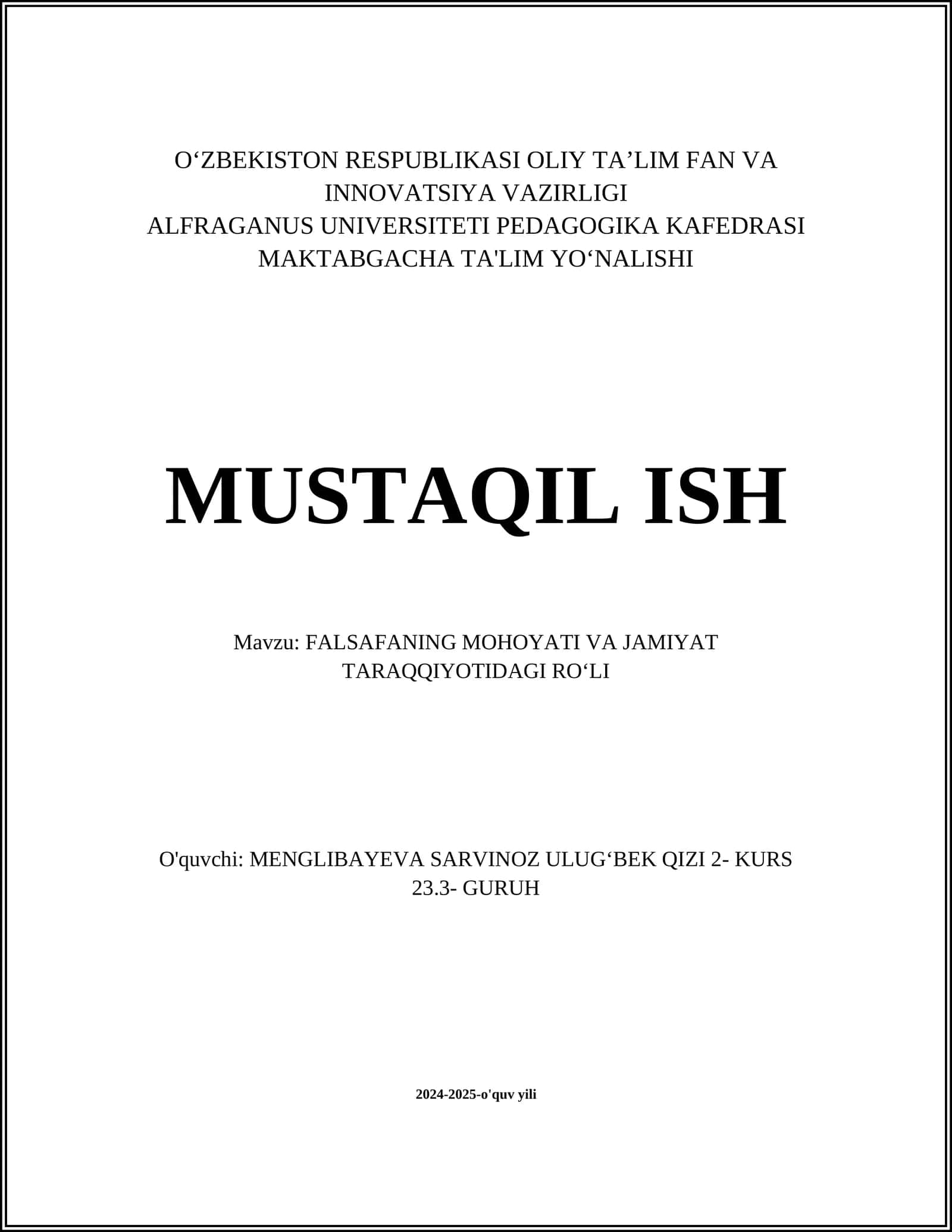 FALSAFANING MOHOYATI VA JAMIYAT TARAQQIYOTIDAGI ROʻLI