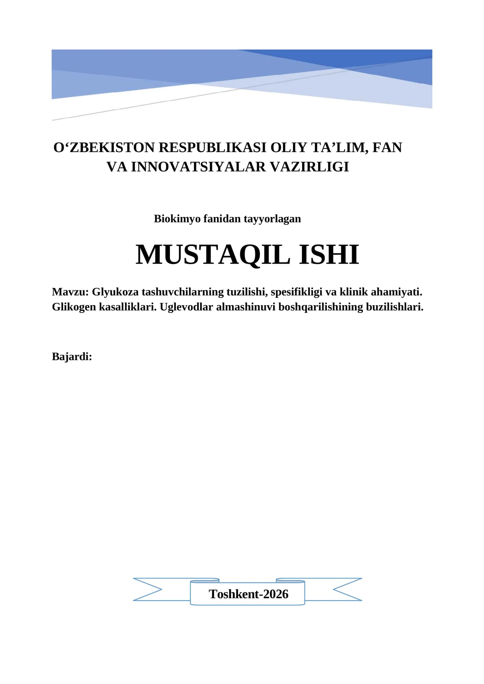 Glyukoza tashuvchilarning tuzilishi, spesifikligi va klinik ahamiyati. Glikogen kasalliklari. Uglevodlar almashinuvi boshqarilishining buzilishlari. mustaqil ish
