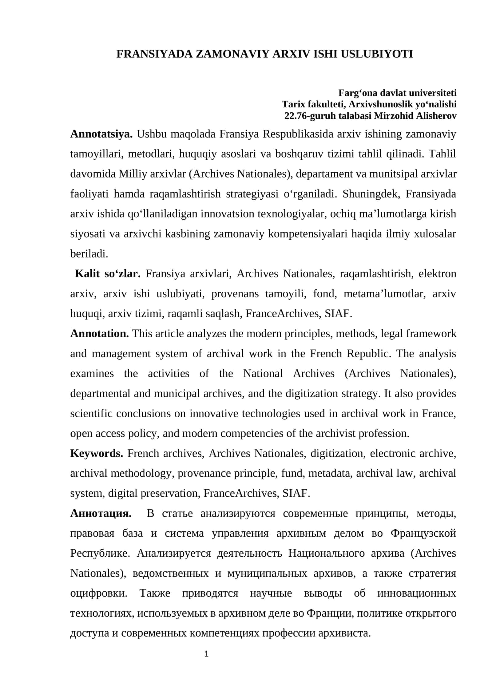 FRANSIYADA ZAMONAVIY ARXIV ISHI USLUBIYOTI