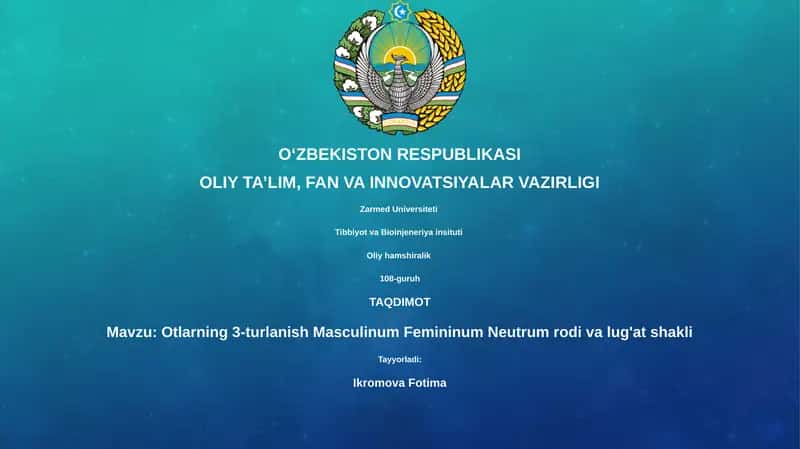 Otlarning 3-turlanish Masculinum Femininum Neutrum rodi va lug'at shakli