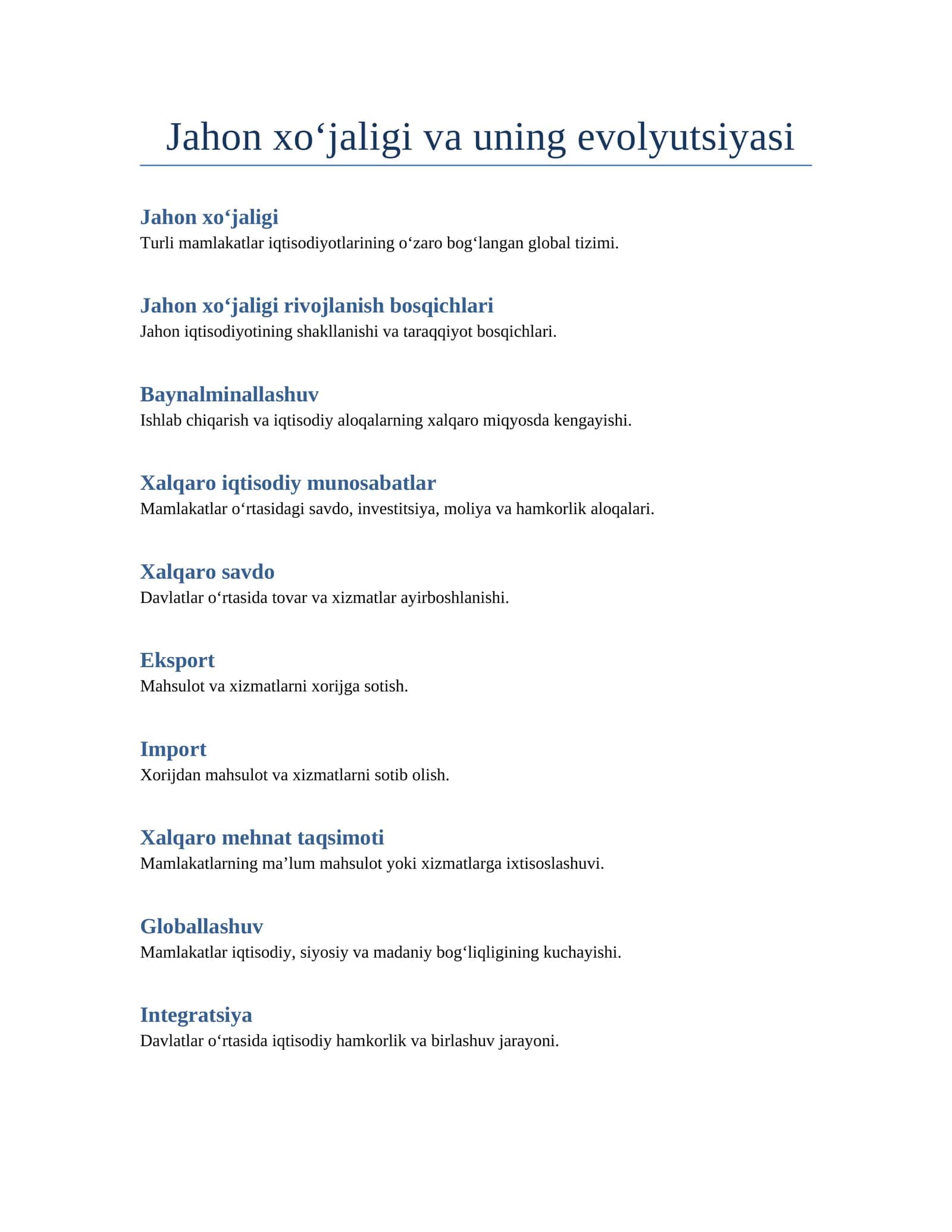 Jahon xo‘jaligi va uning evolyutsiyasi