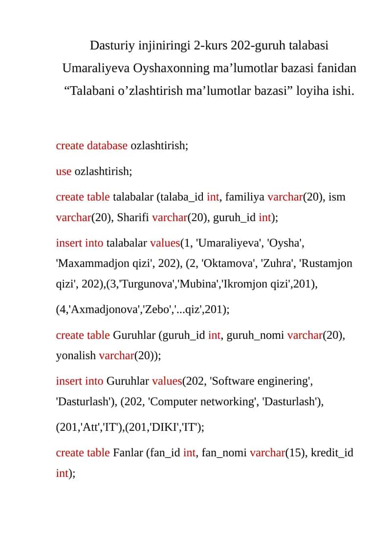 Talabani o’zlashtirish ma’lumotlar bazasi