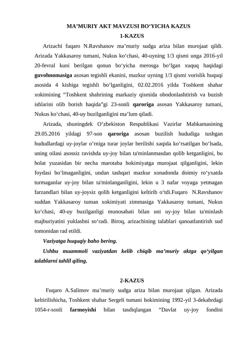 MA’MURIY AKT MAVZUSI BO‘YICHA KAZUS