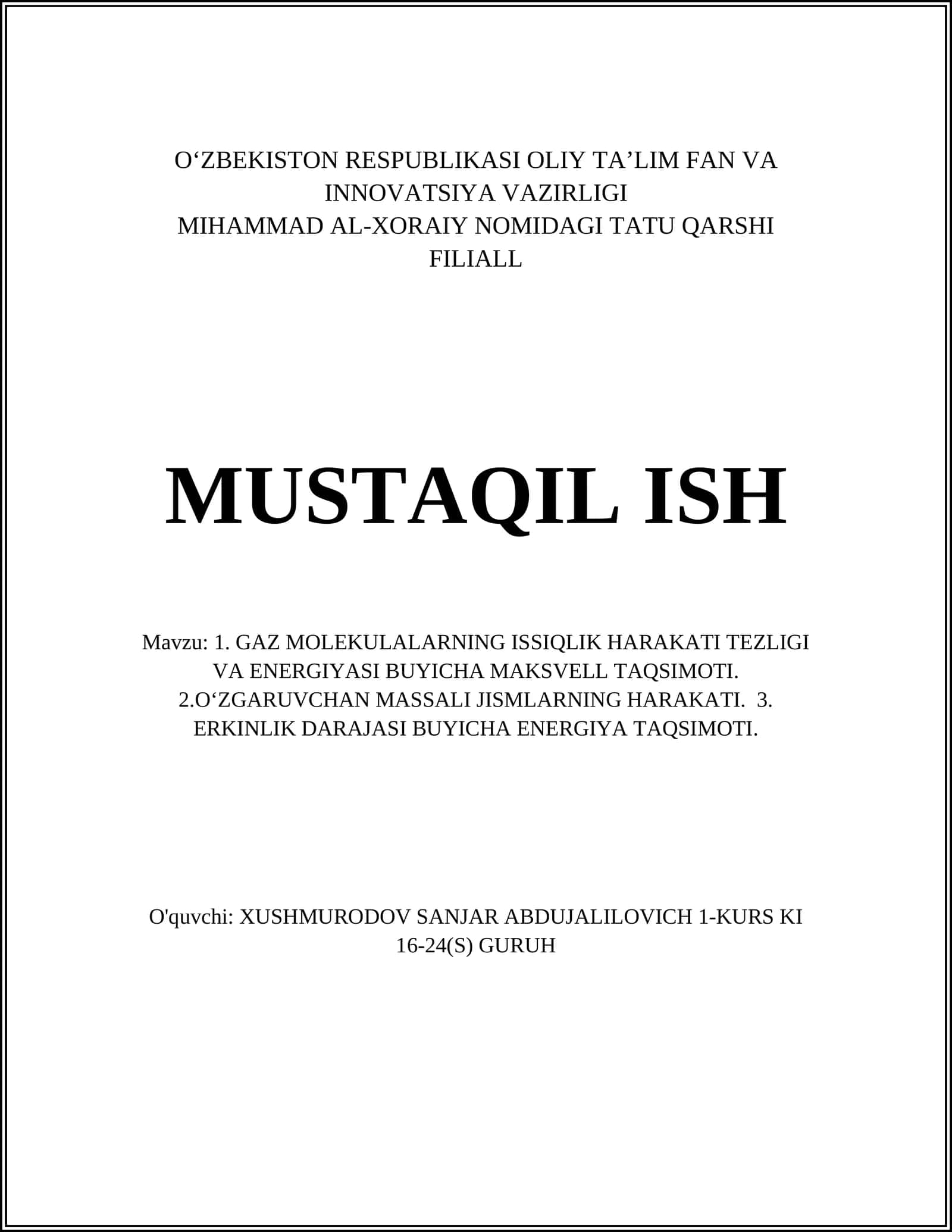GAZ MOLEKULALARNING ISSIQLIK HARAKATI TEZLIGI
