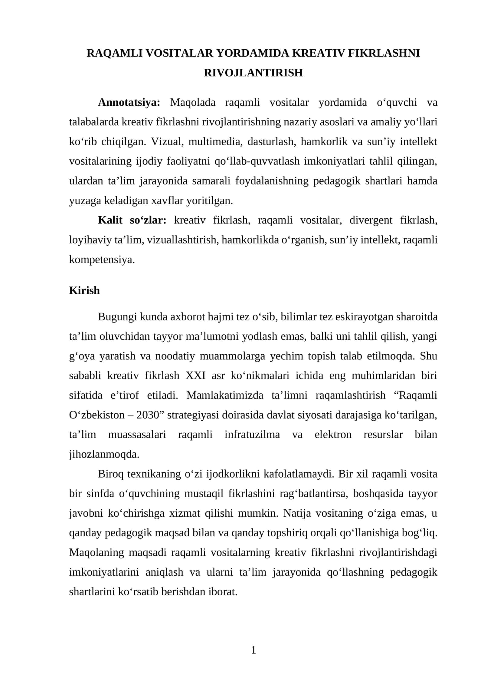 KREATIV FIKRLASHNI RIVOJLANTIRISH