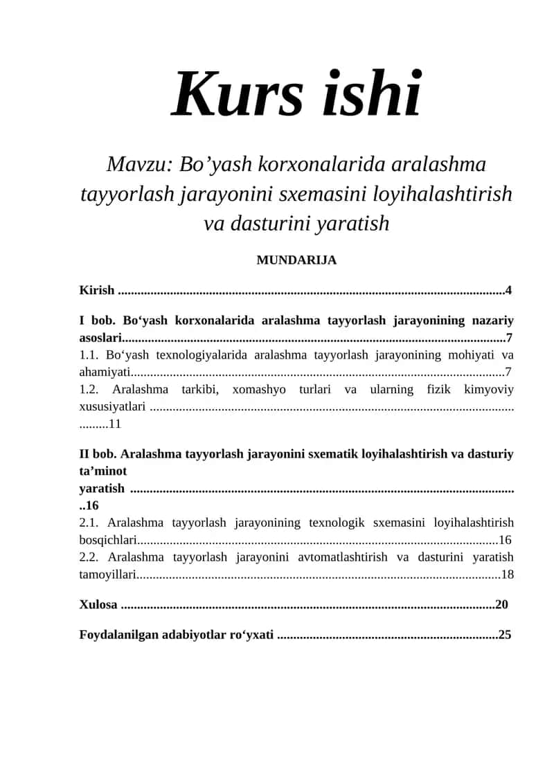 Bo‘yash korxonalarida aralashma tayyorlash jarayonini sxemasini loyihalashtirish va dasturini yaratish