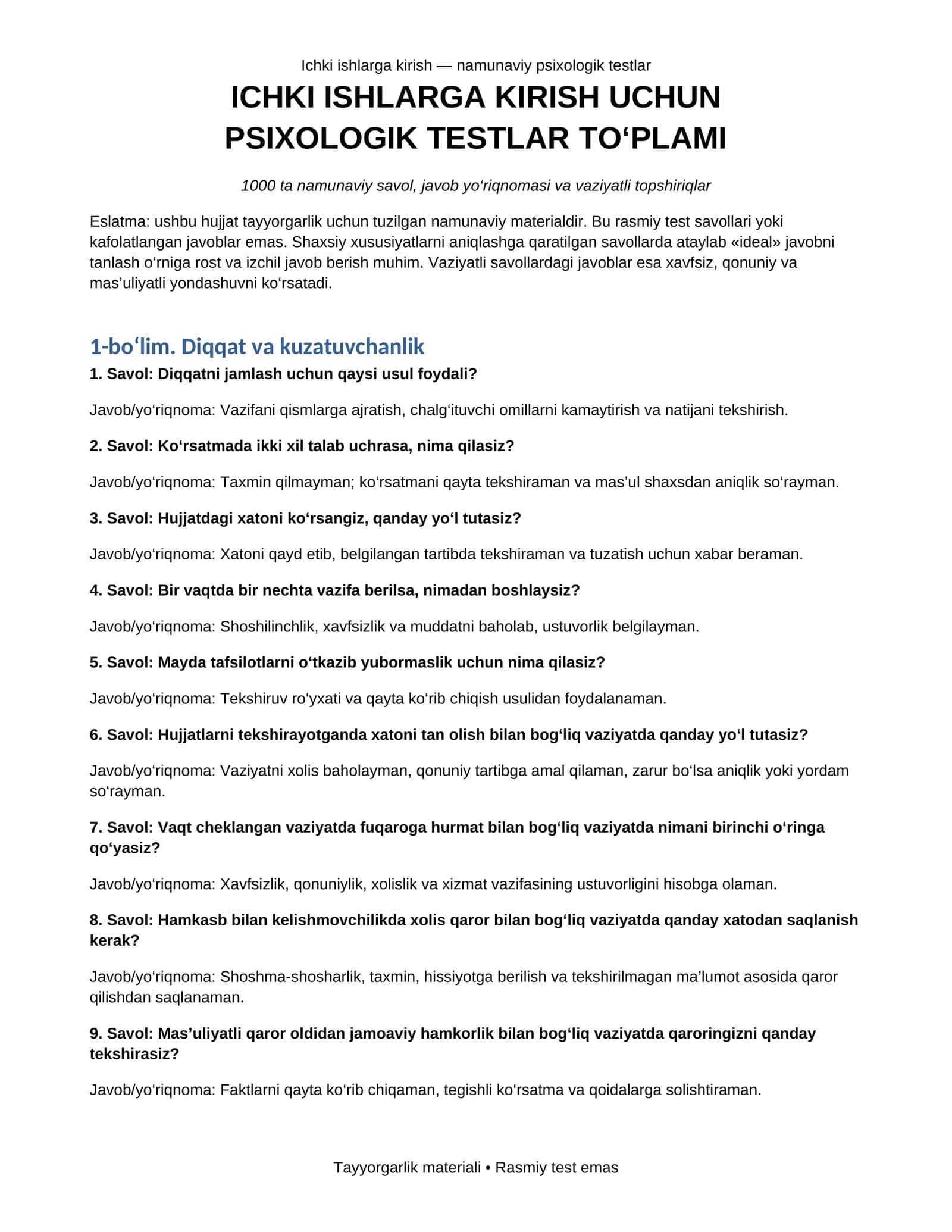 Ichki ishlarga kirish — namunaviy psixologik testlar