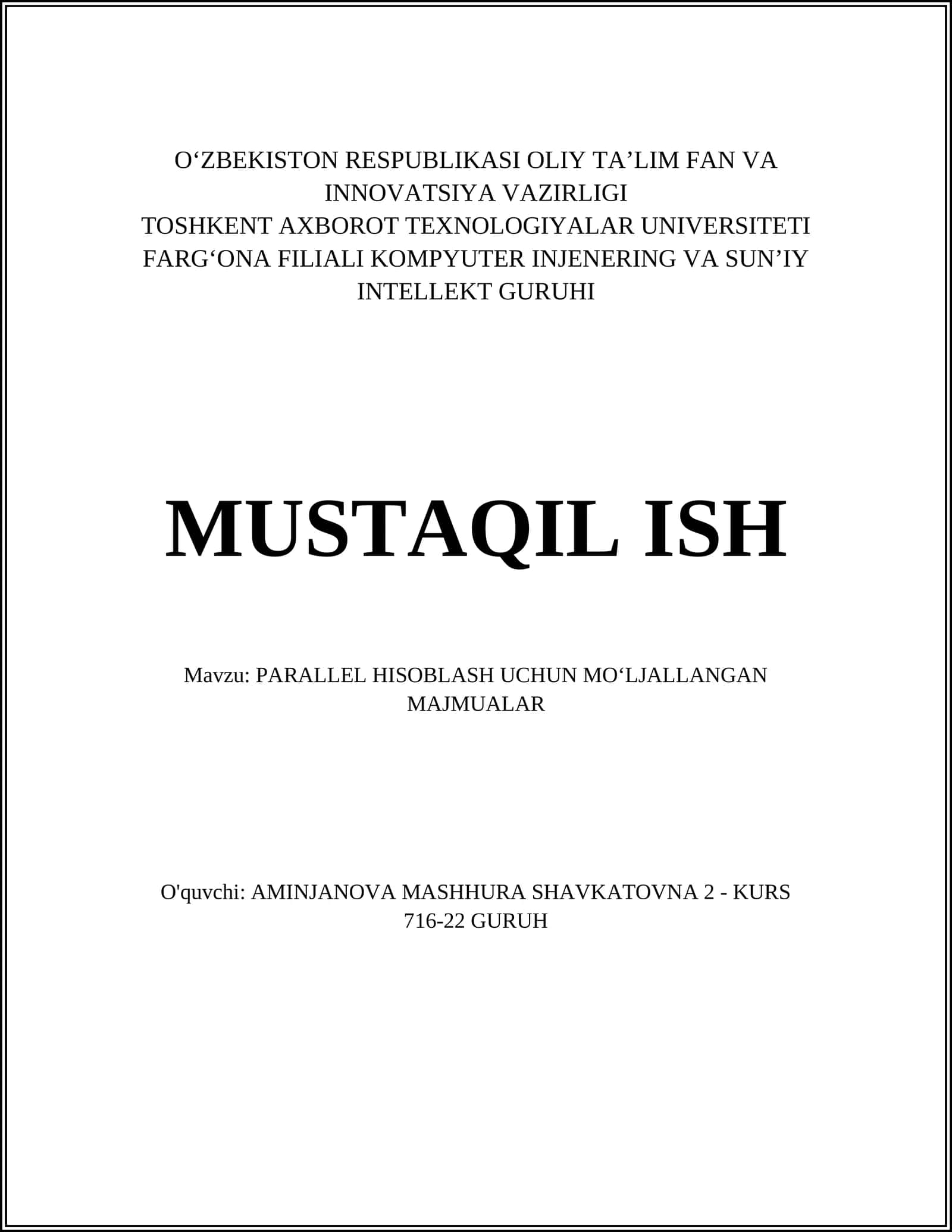 PARALLEL HISOBLASH UCHUN MOʻLJALLANGAN MAJMUALAR