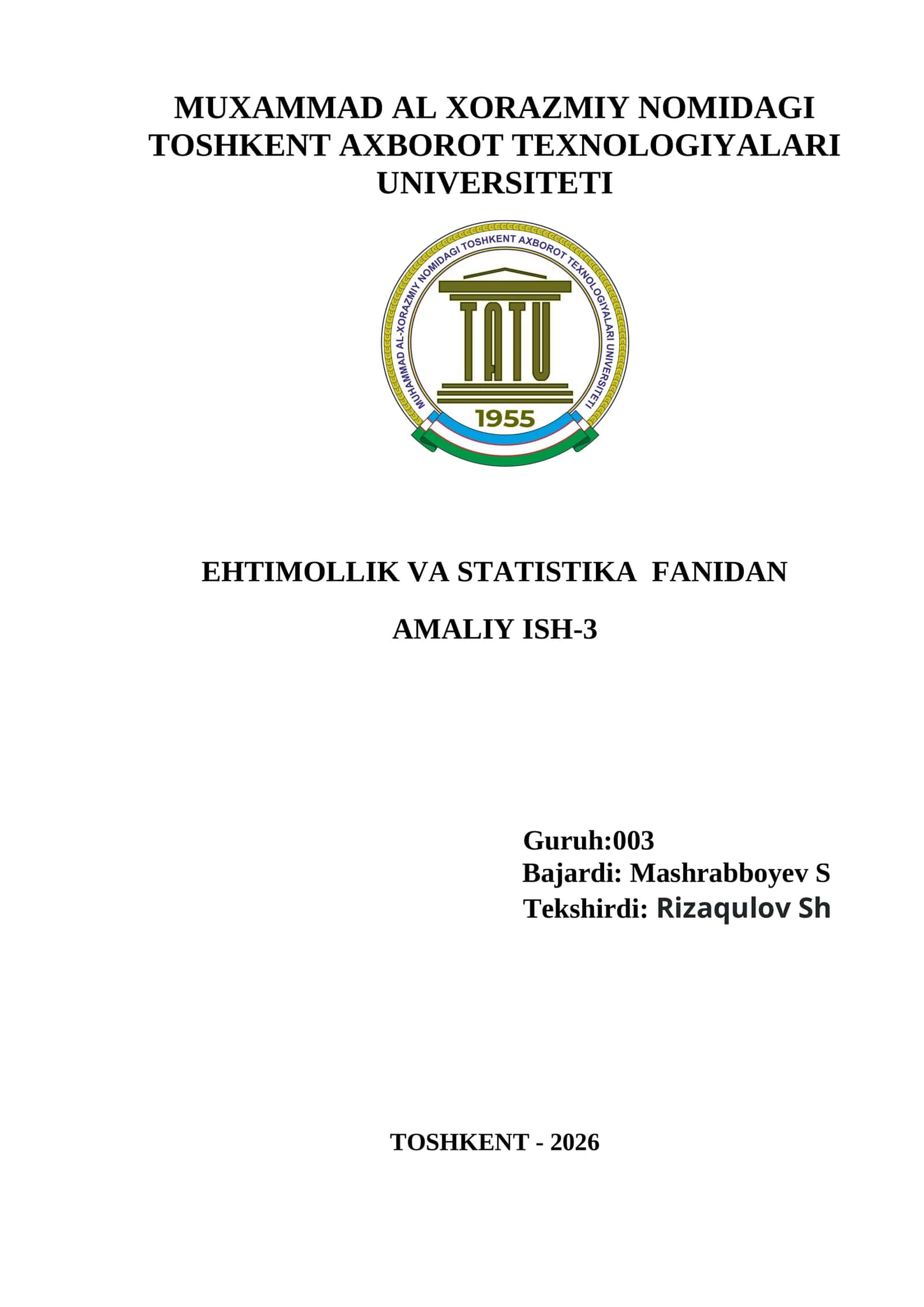 EHTIMOLLIK VA STATISTIKA FANIDAN AMALIY ISH-3 variant 8