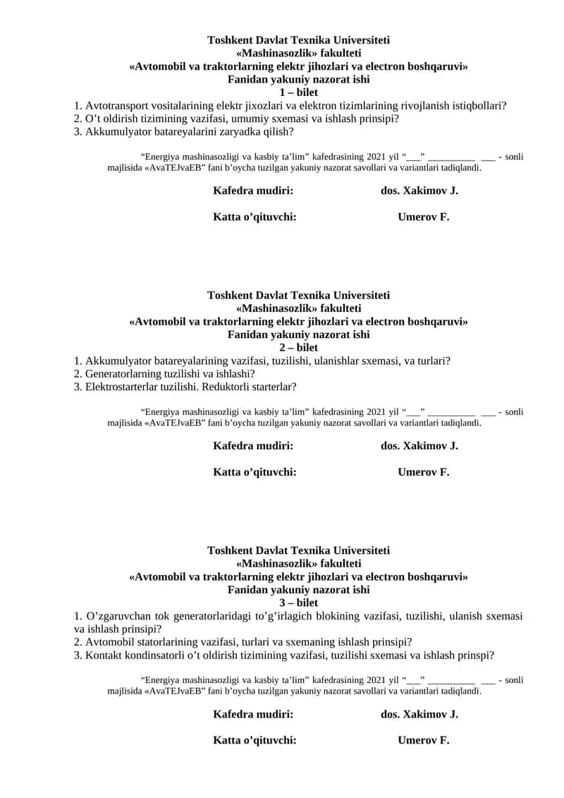 Avtomobil va traktorlarning elektr jihozlari va electron boshqaruvi