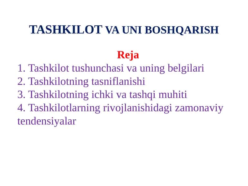 TASHKILOT VA UNI BOSHQARISH