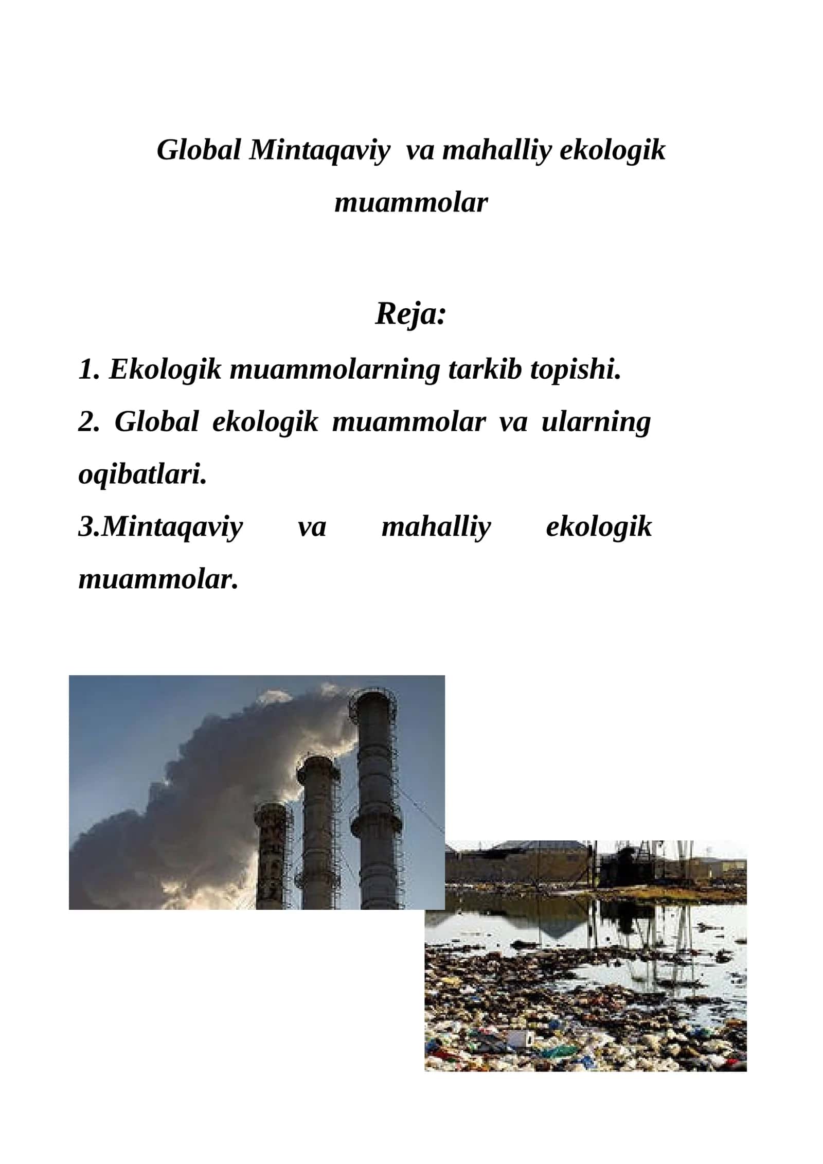Global Mintaqaviy va mahalliy ekologik muammolar