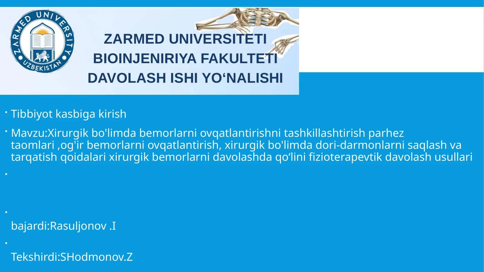 Xirurgik bo'limda bemorlarni ovqatlantirishni tashkillashtirish