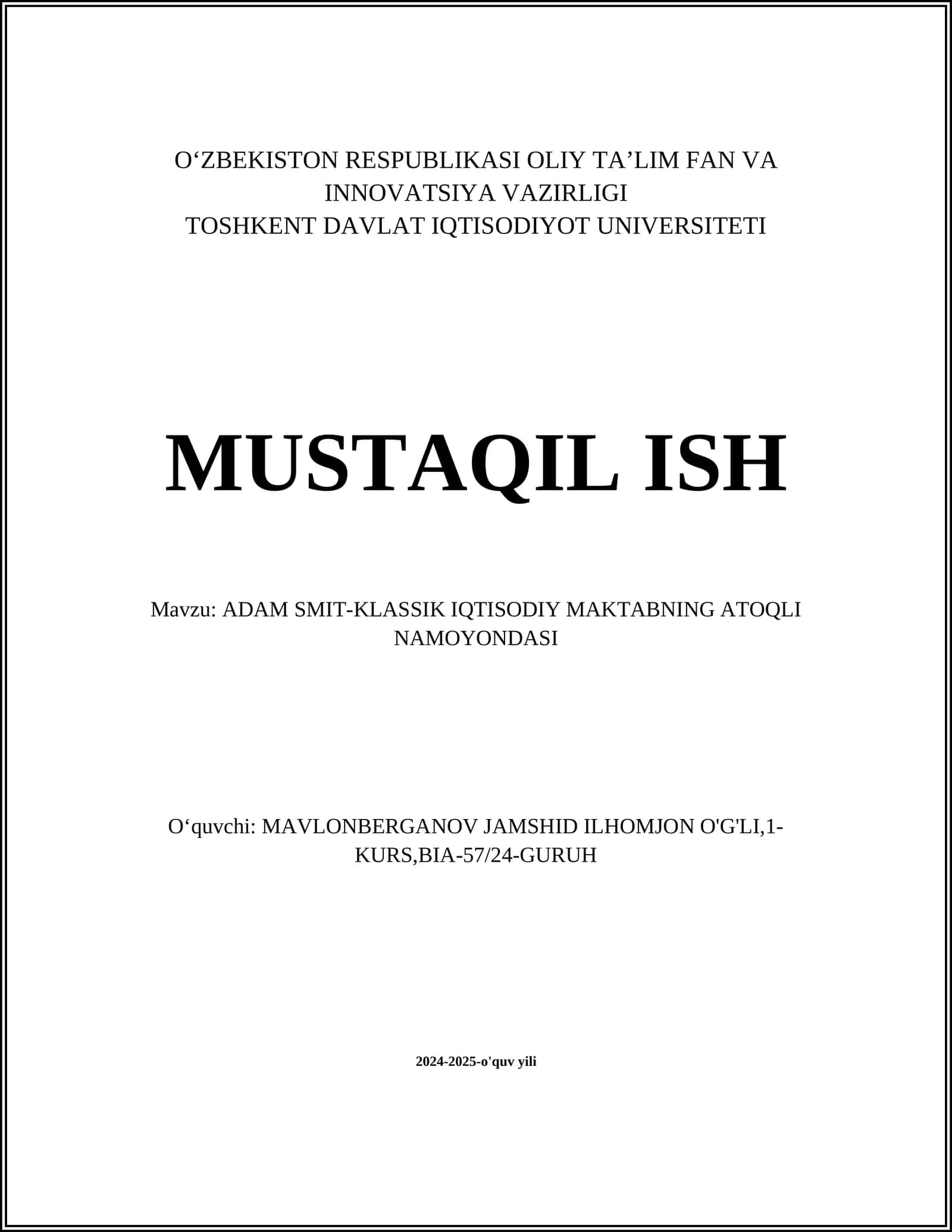 ADAM SMIT-KLASSIK IQTISODIY MAKTABNING ATOQLI NAMOYONDASI