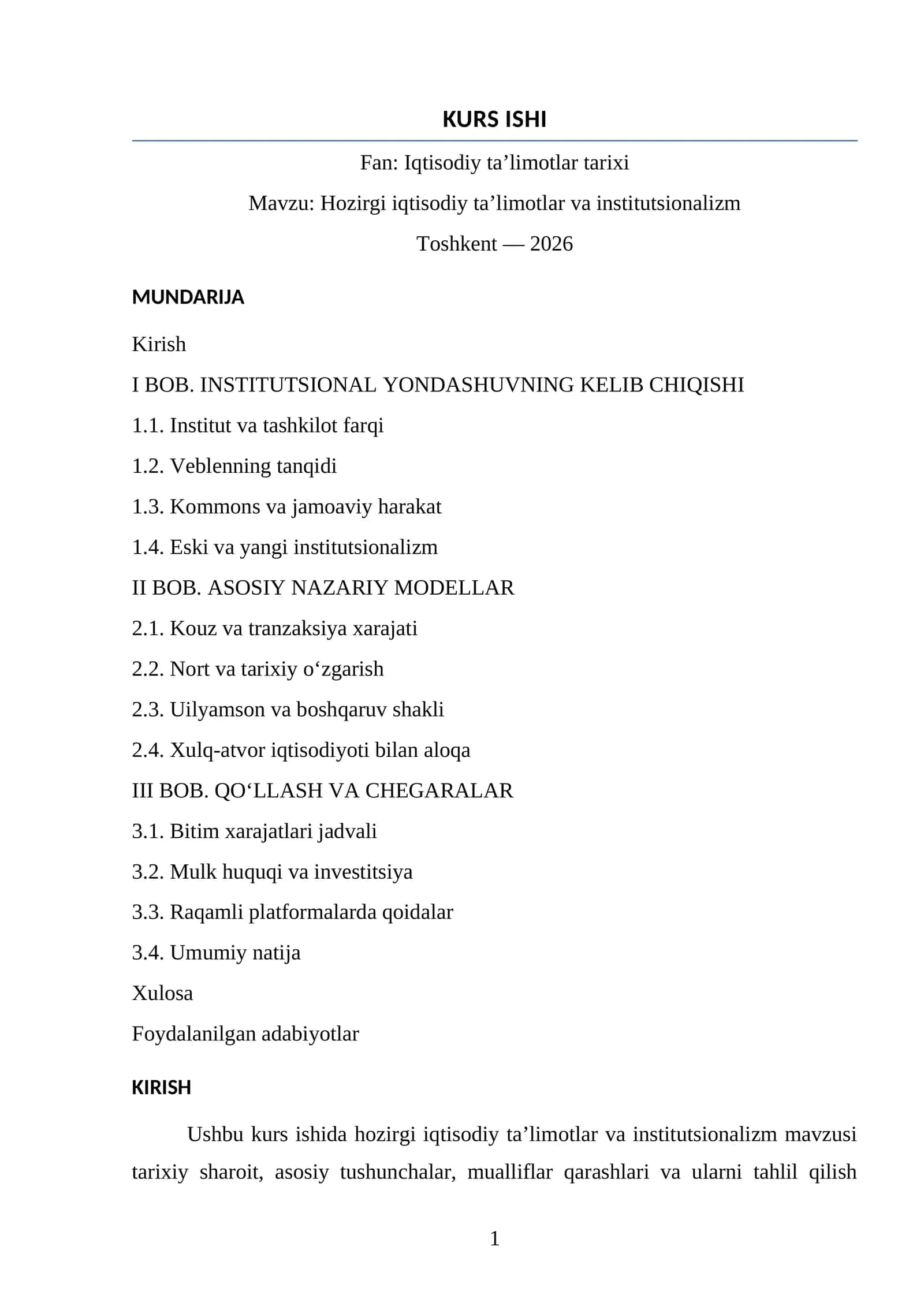 Hozirgi iqtisodiy ta’limotlar va institutsionalizm