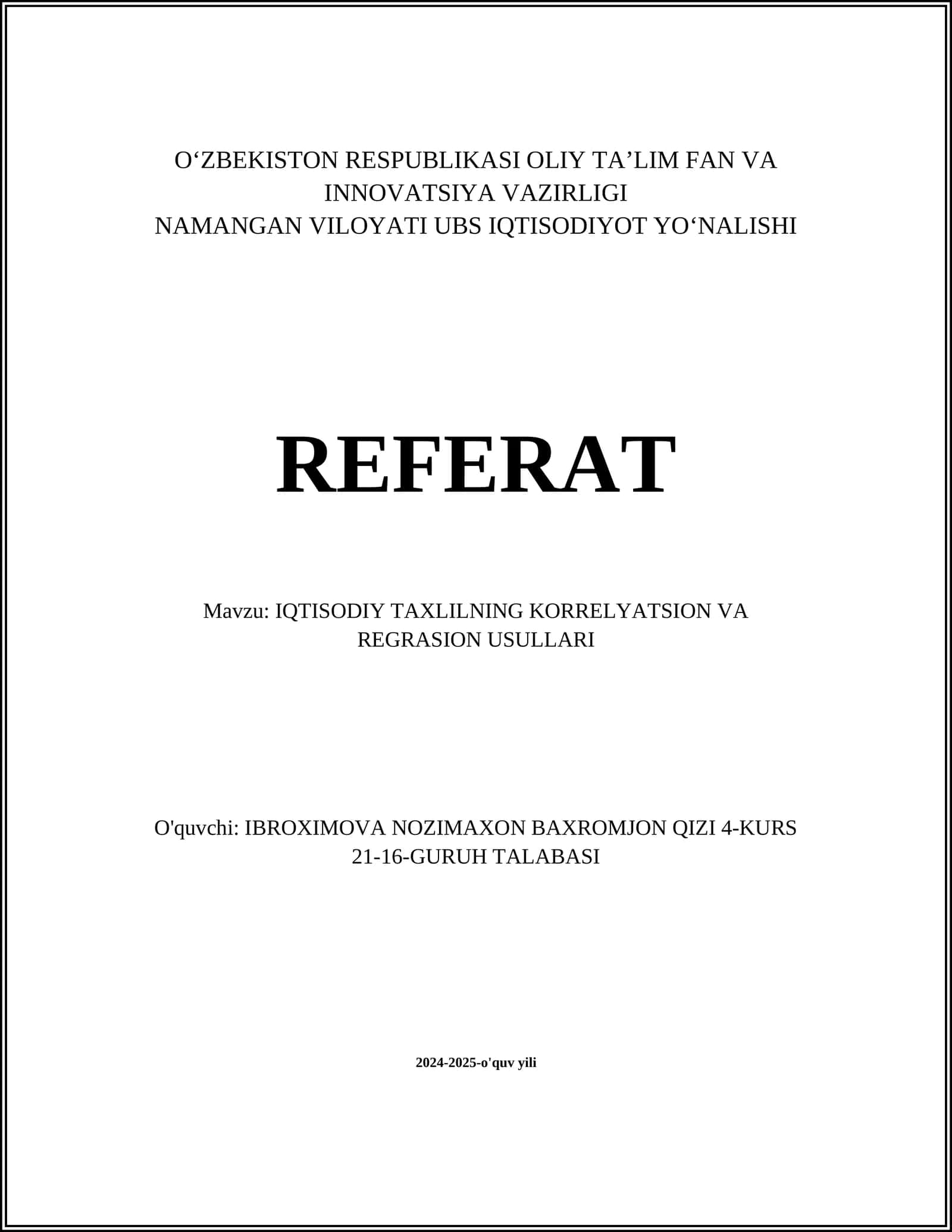 IQTISODIY TAXLILNING KORRELYATSION VA REGRASION USULLARI