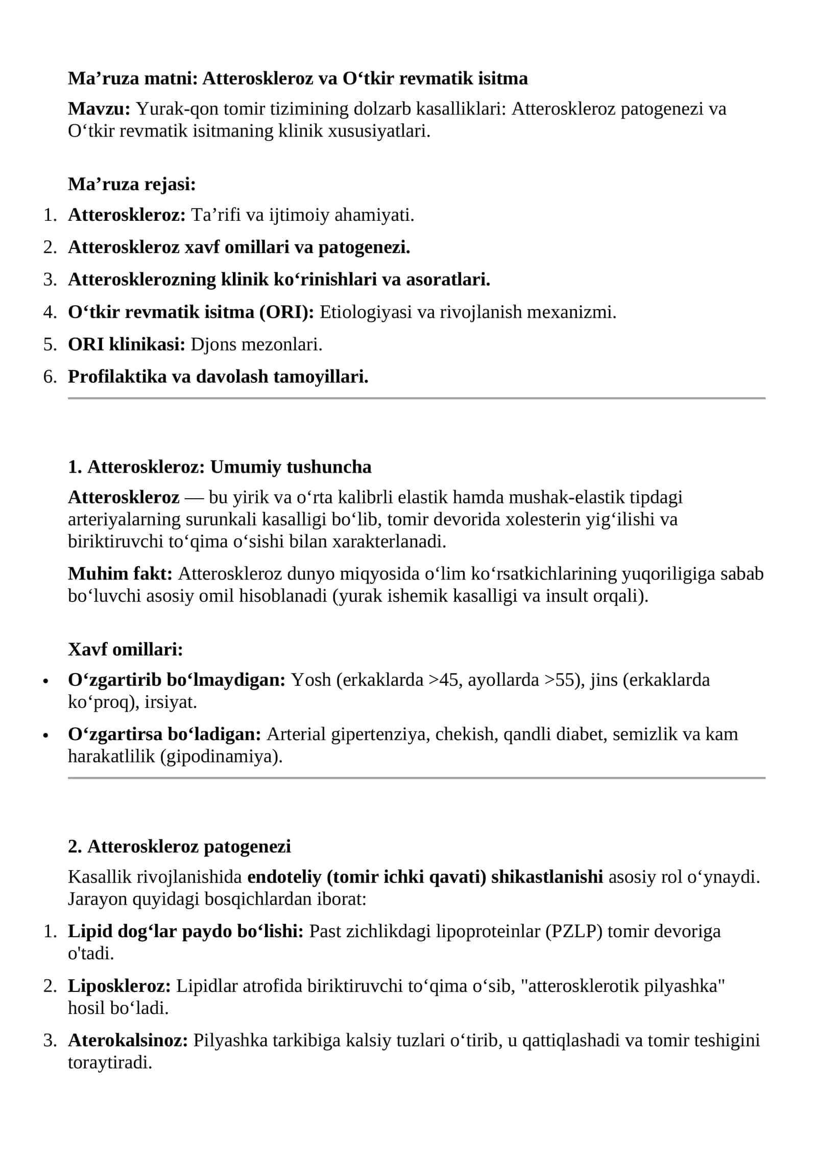 Atteroskleroz va O‘tkir revmatik isitma