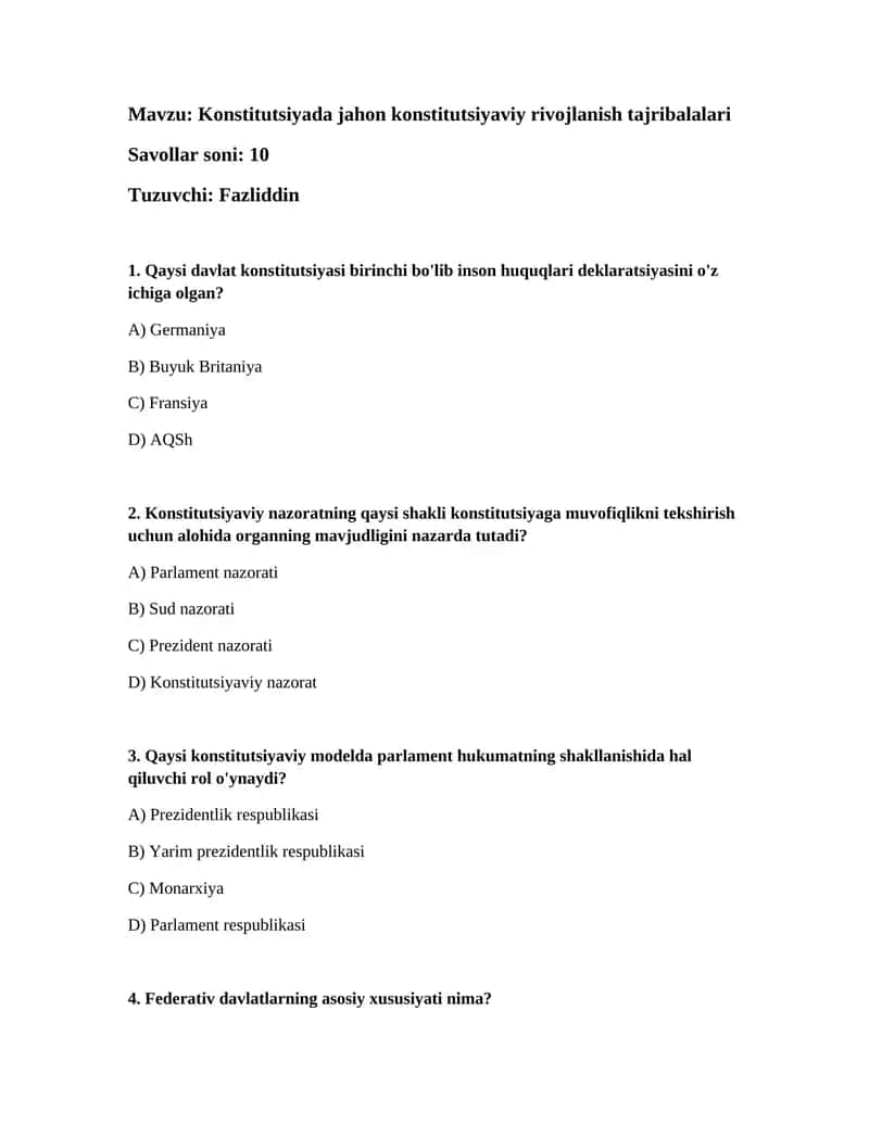 Konstitutsiyada jahon konstitutsiyaviy rivojlanish tajribalalari
