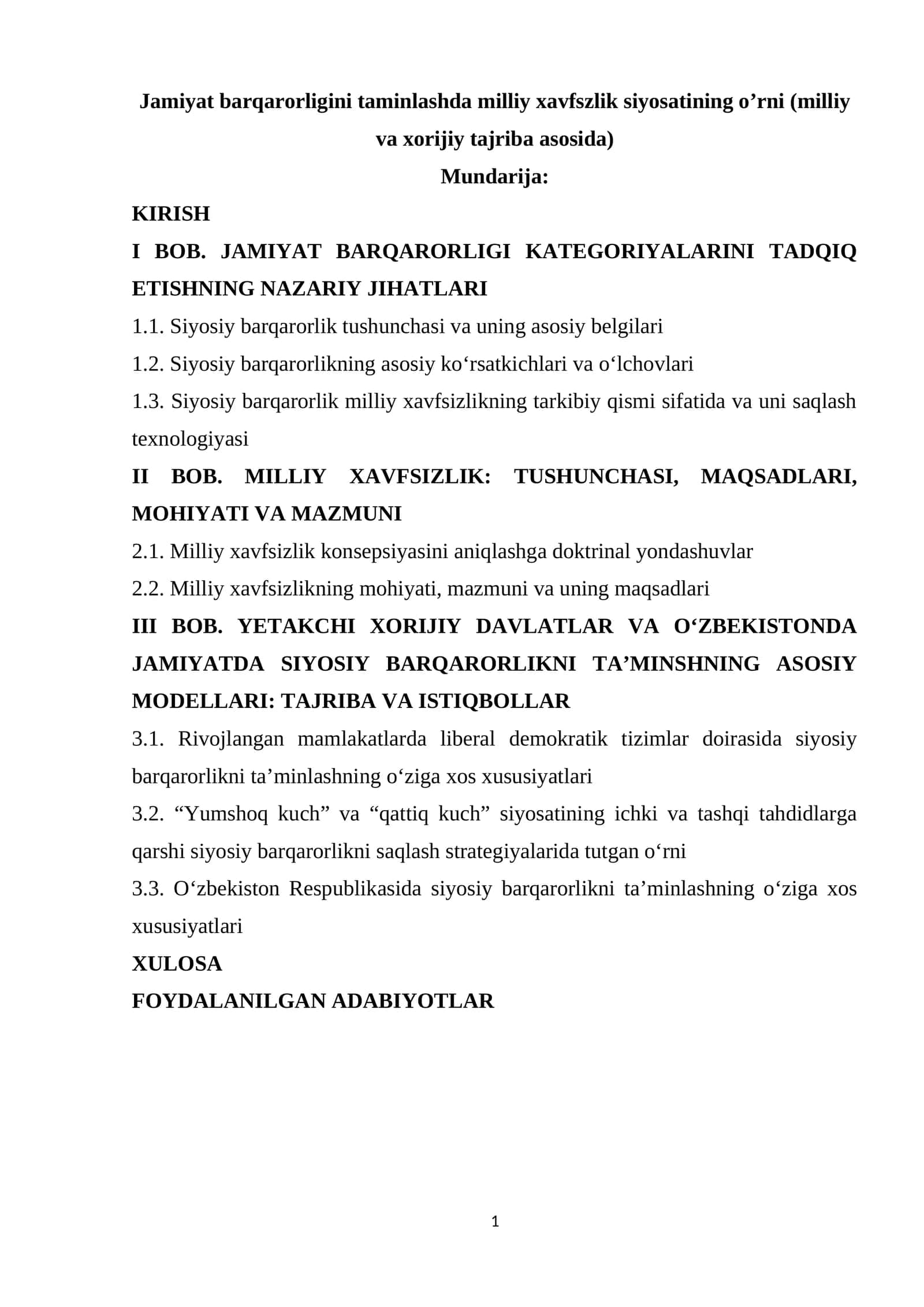 Jamiyat barqarorligini taminlashda milliy xavfszlik siyosatining oʼrni (milliy va xorijiy tajriba asosida)