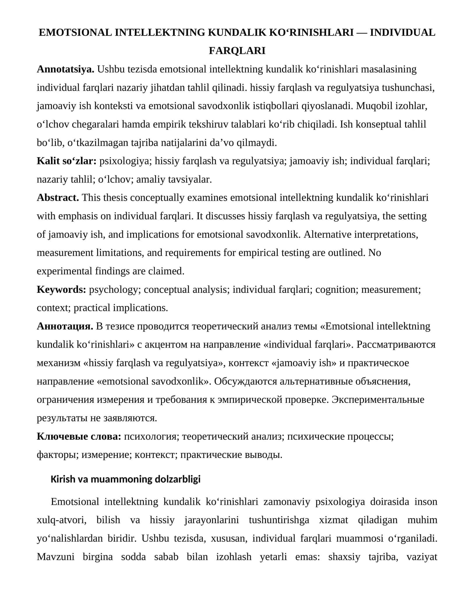 EMOTSIONAL INTELLEKTNING KUNDALIK KO‘RINISHLARI — INDIVIDUAL FARQLARI