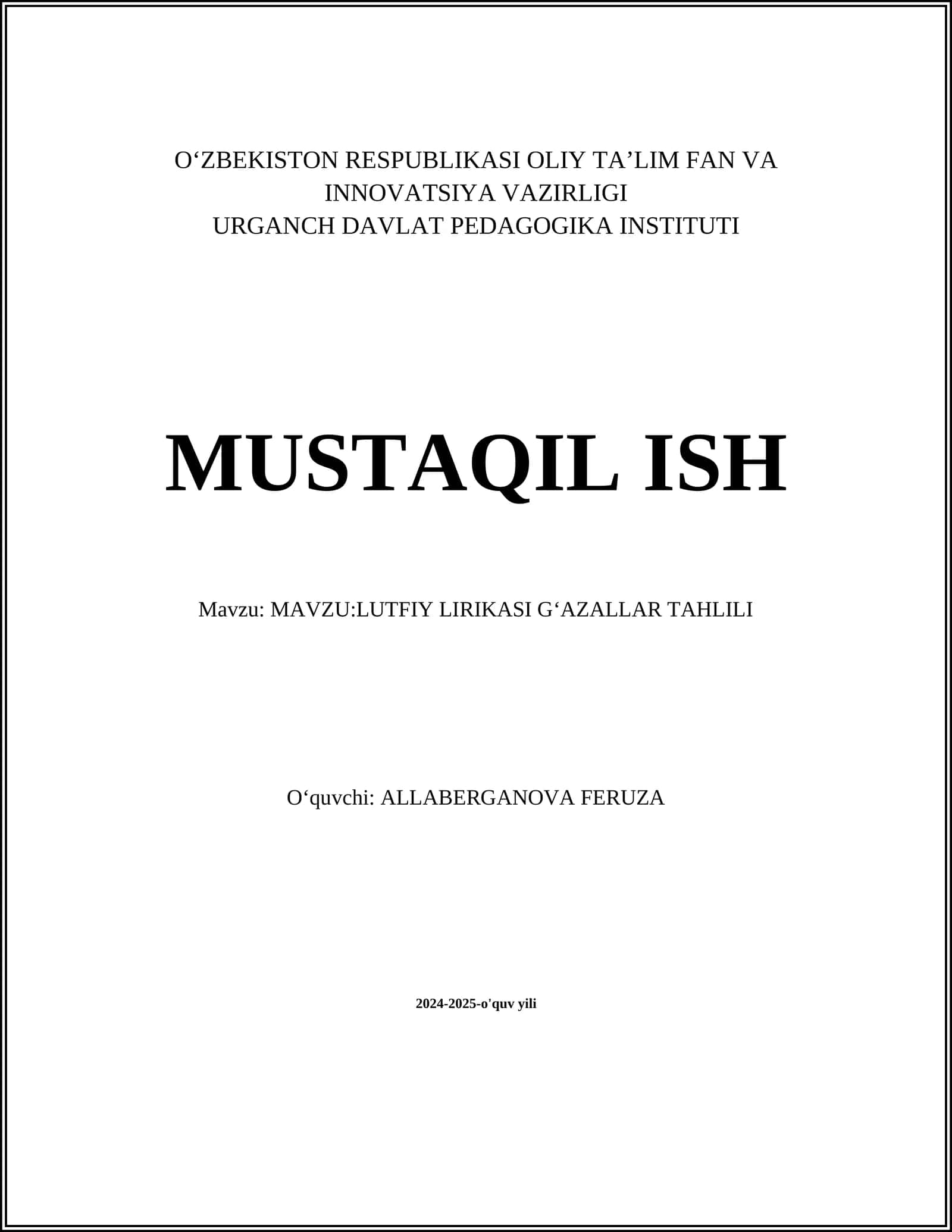 LUTFIY LIRIKASI GʻAZALLAR TAHLILI