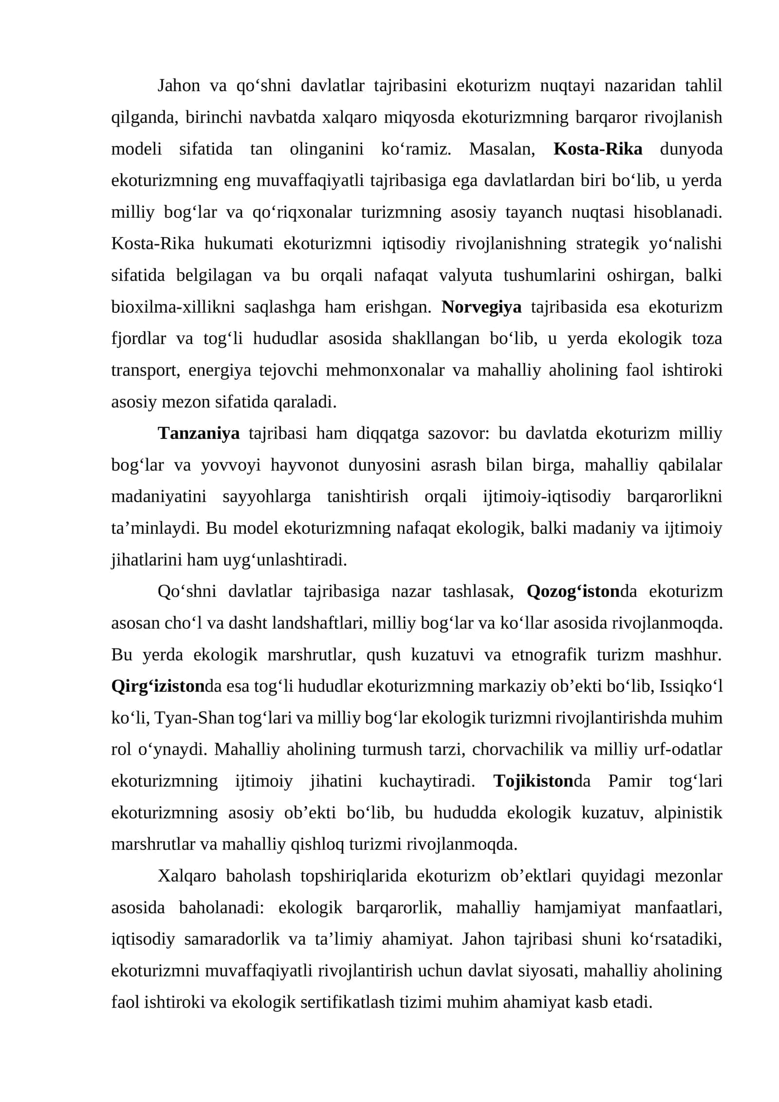 Ekoturizmning xalqaro miqyosdagi barqaror rivojlanish modeli