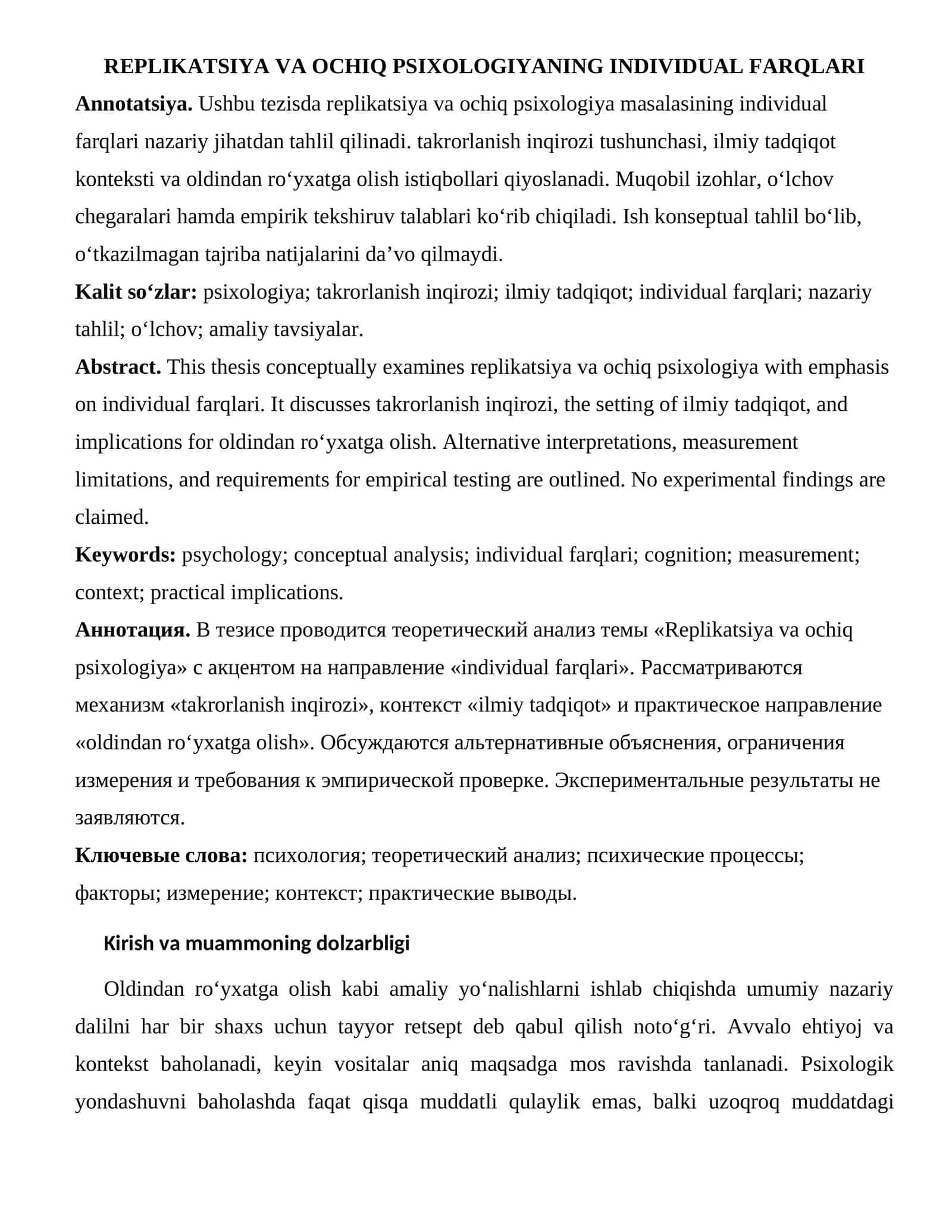 REPLIKATSIYA VA OCHIQ PSIXOLOGIYANING INDIVIDUAL FARQLARI
