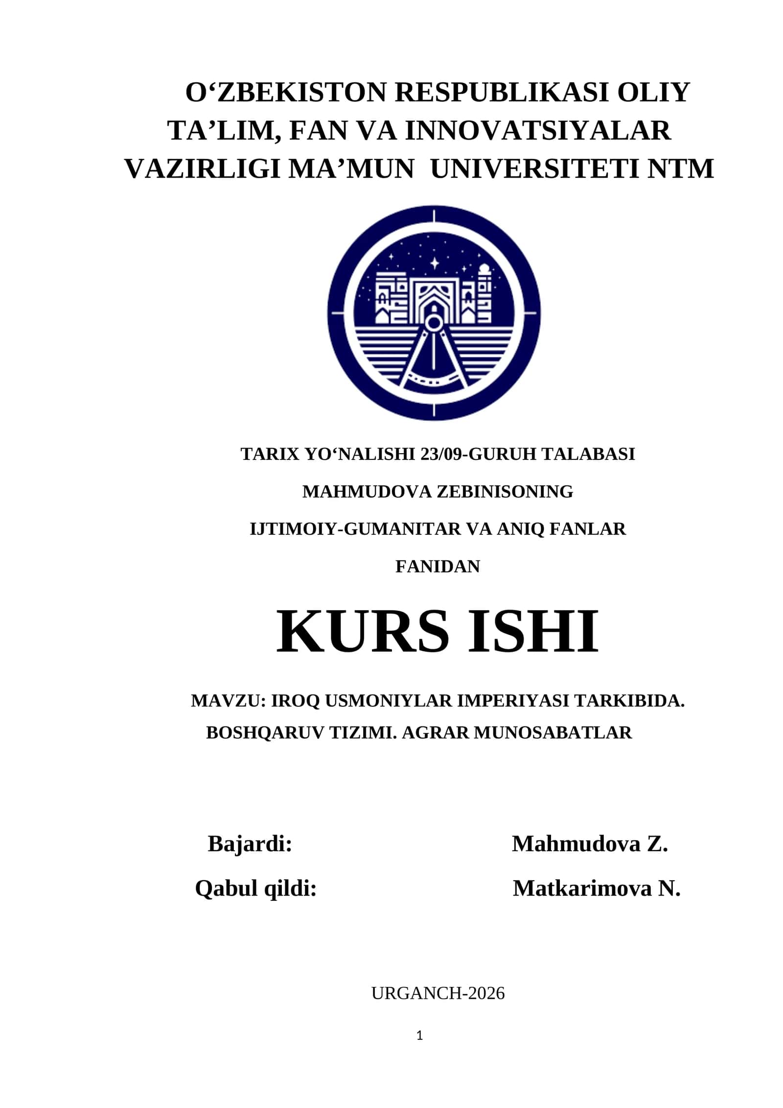 Iroq Usmoniylar Imperiyasi Tarkibida. Boshqaruv Tizimi. Agrar Munosabatlar
