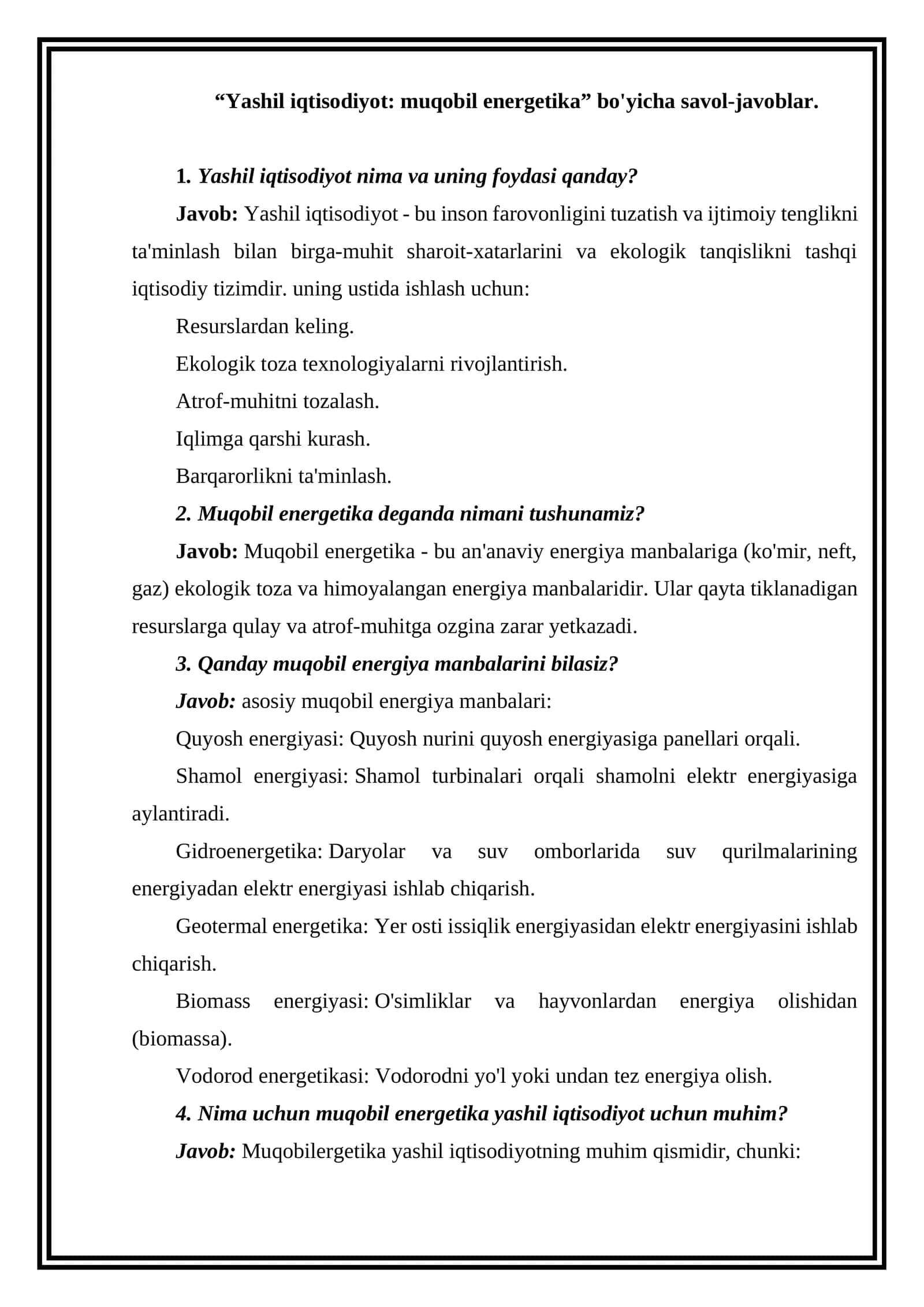 Yashil iqtisodiyot: muqobil energetika