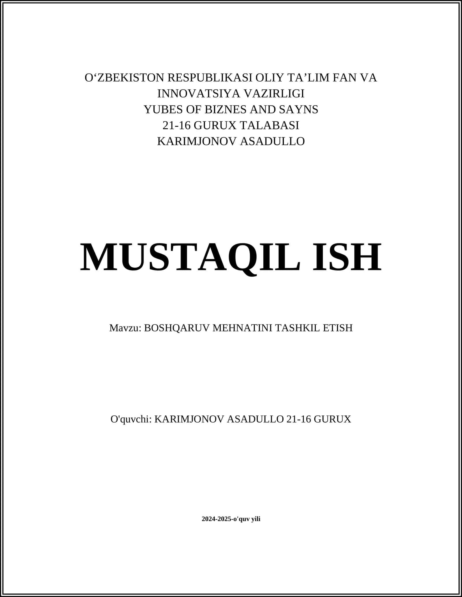 BOSHQARUV MEHNATINI TASHKIL ETISH
