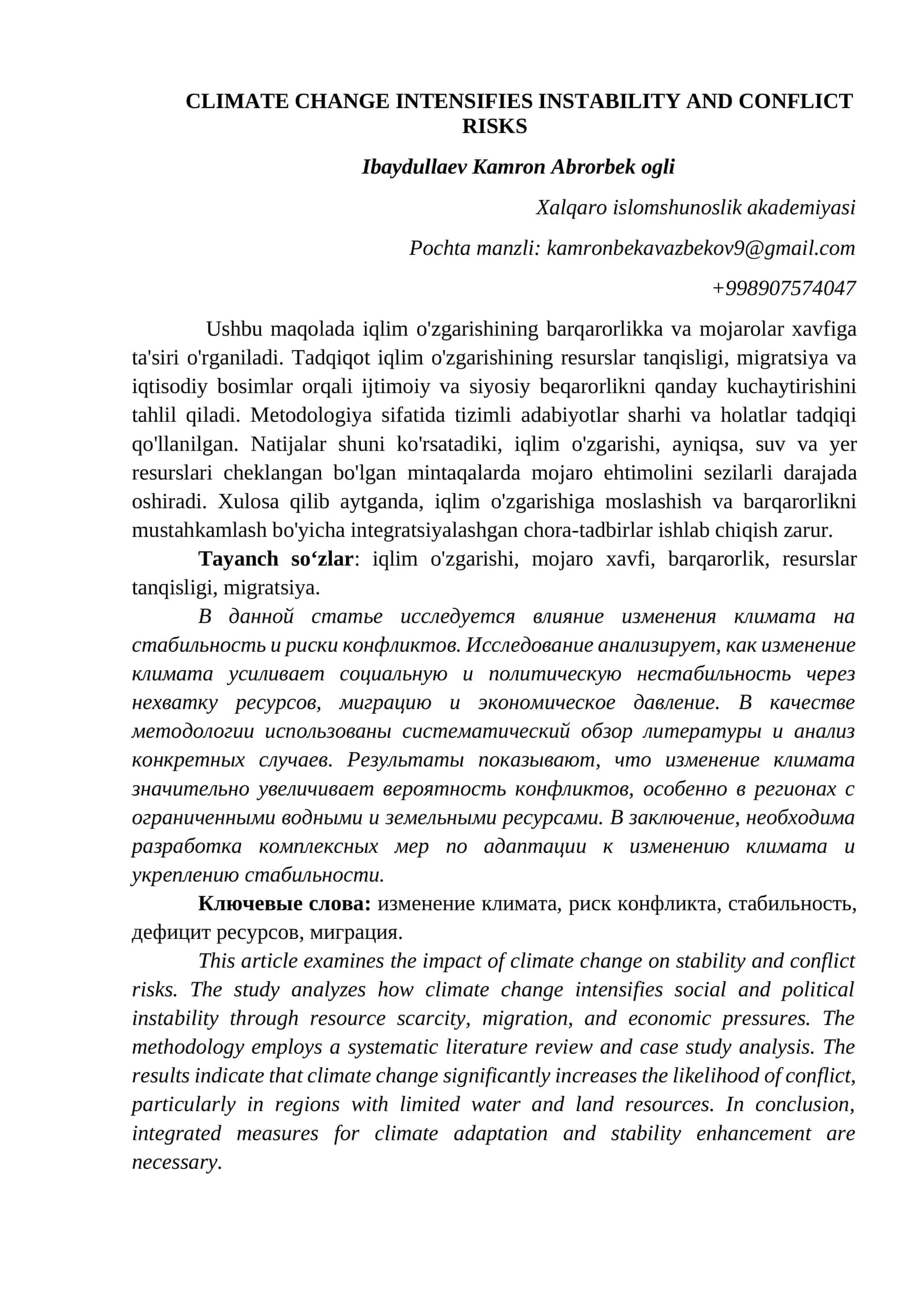 Iqlim o'zgarishining barqarorlikka va mojarolar xavfiga ta'siri