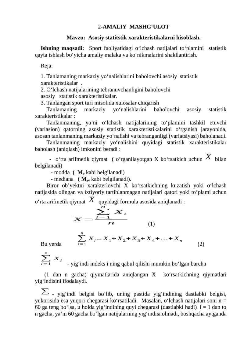 asosiy statistik xarakteristikalarni hisoblash