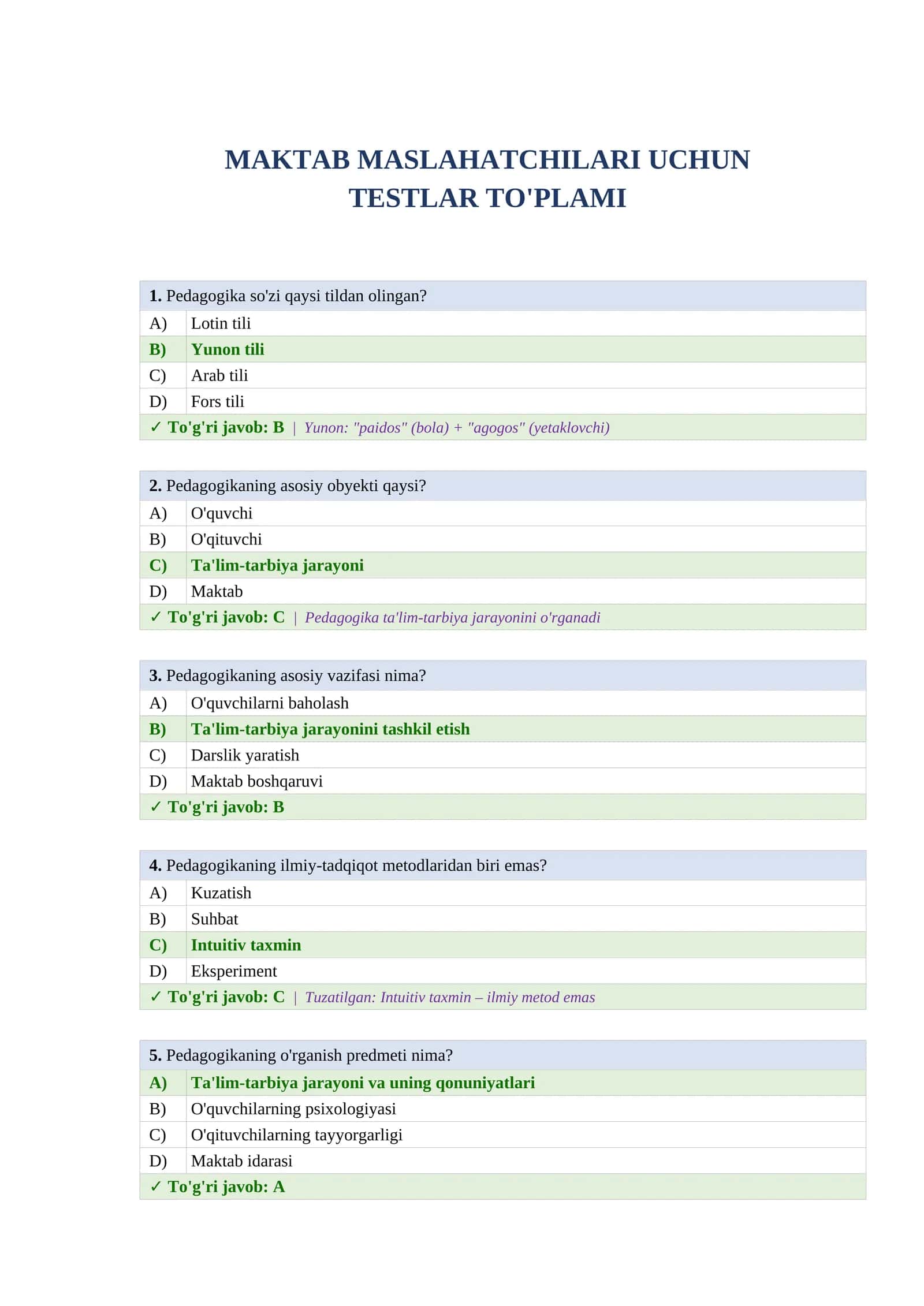 Maktab maslahatchisi test javoblari