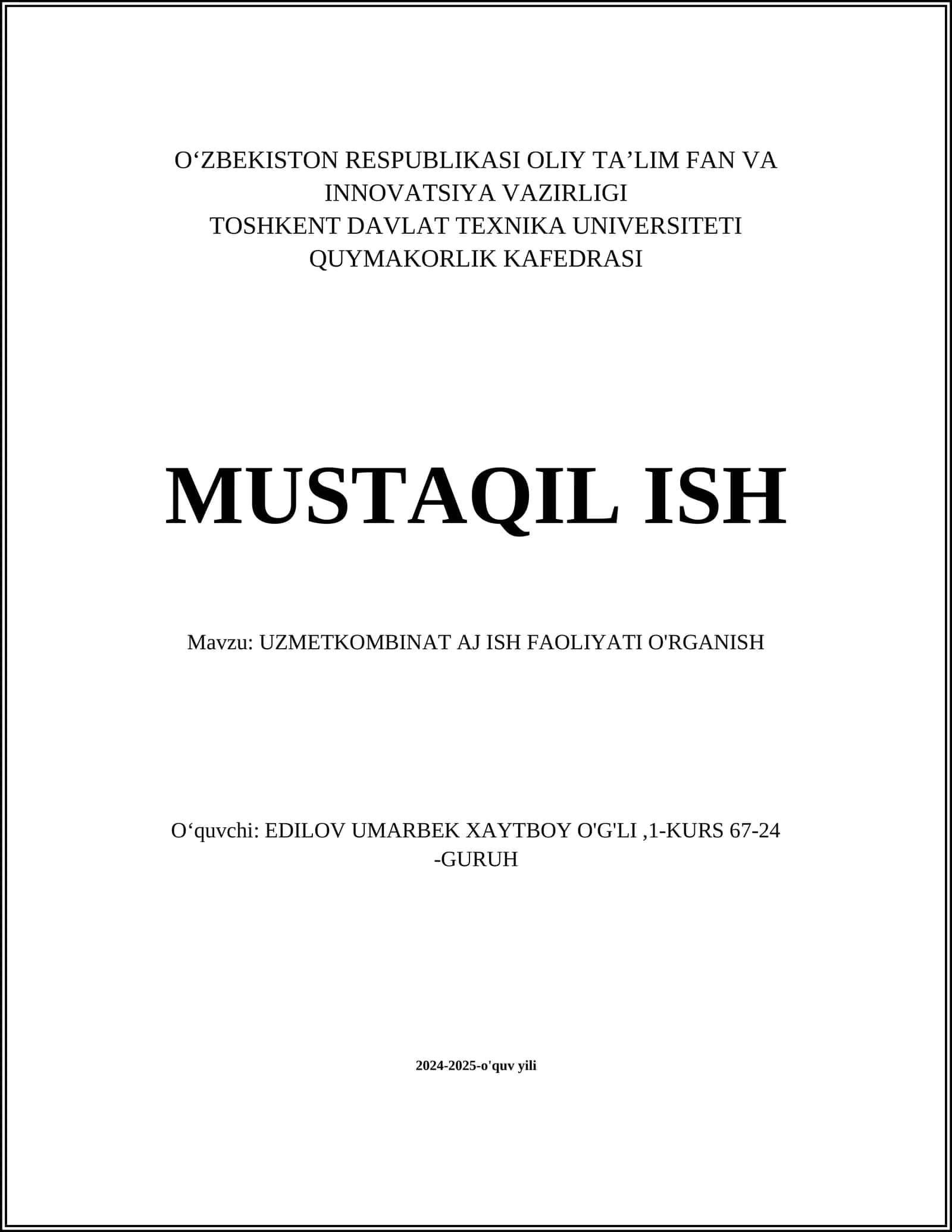 UZMETKOMBINAT AJ ISH FAOLIYATI O'RGANISH