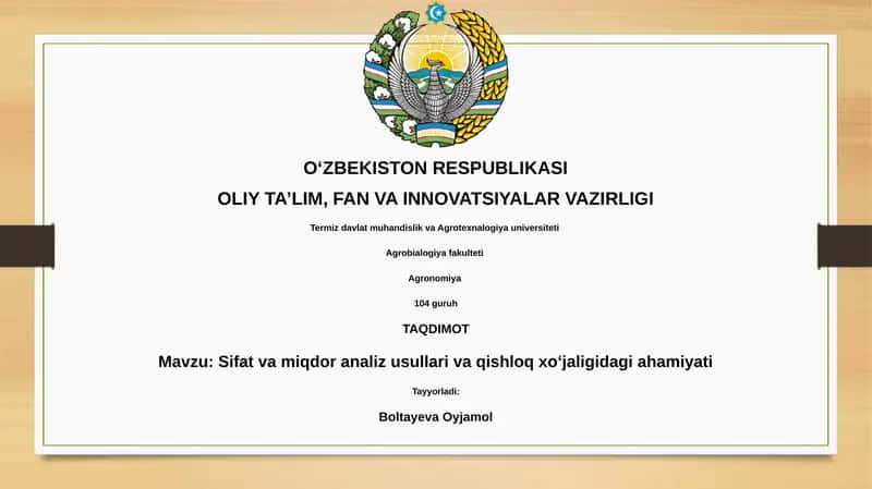 Sifat va miqdor analiz usullari va qishloq xo'jaligidagi ahamiyati