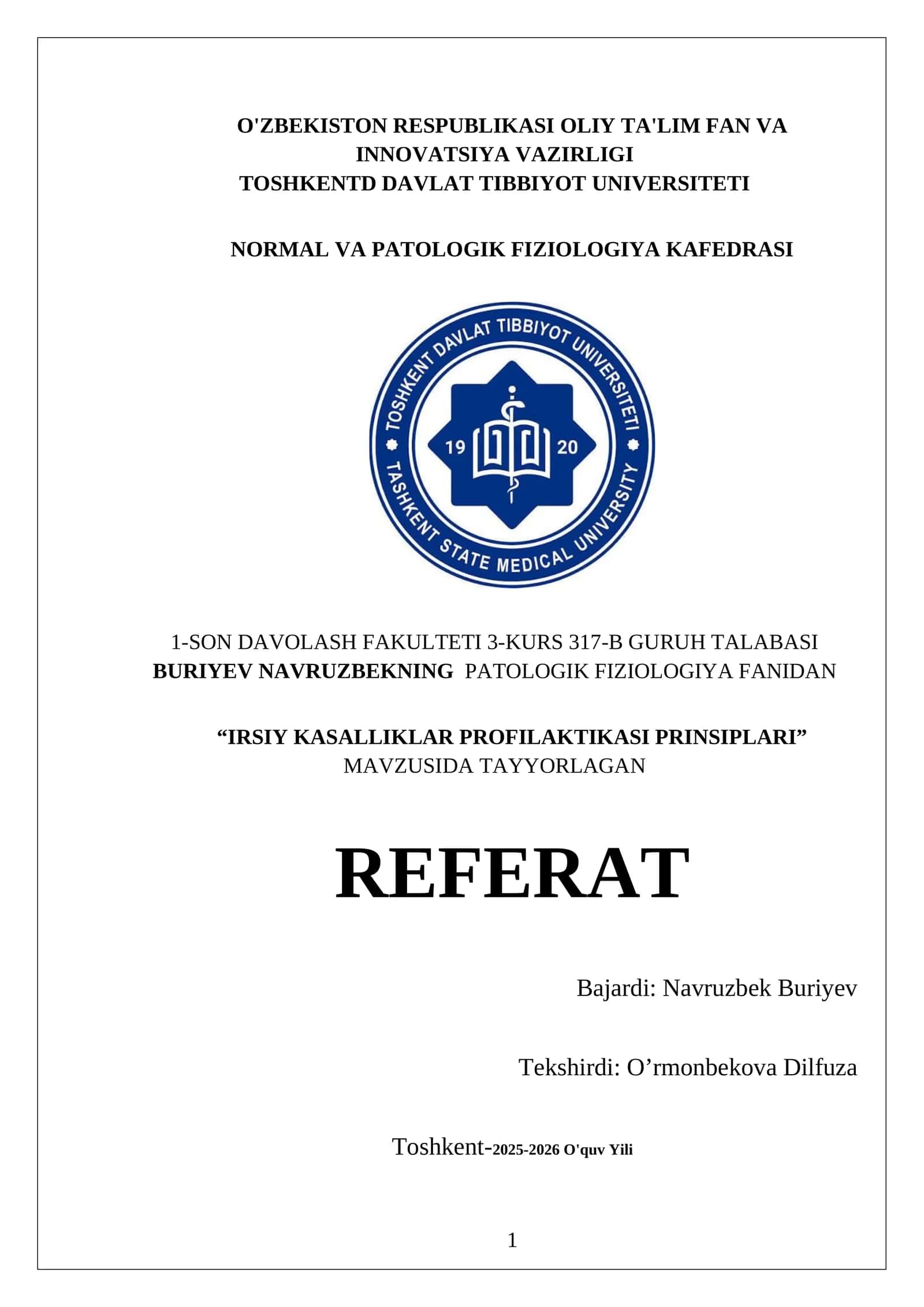IRSIY KASALLIKLAR PROFILAKTIKASI PRINSIPLARI